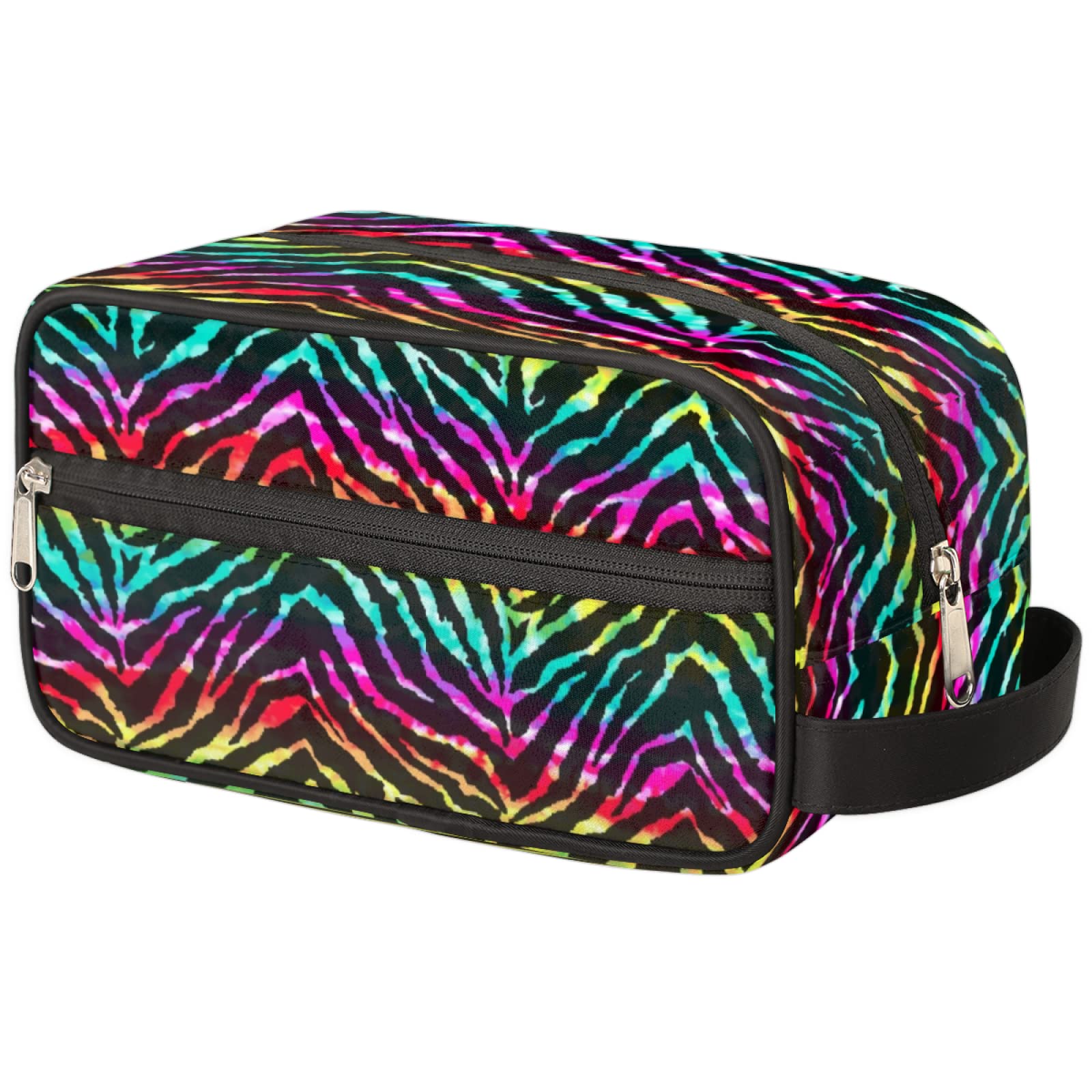 Zebra Print Rainbow Travel Toiletry Bag - Waterproof Cosmetic Makeup Brush Organizer for Women & Men | Large Portable Shaving Wash Bag for Vacation, Gym, Business Trips & Daily Use
