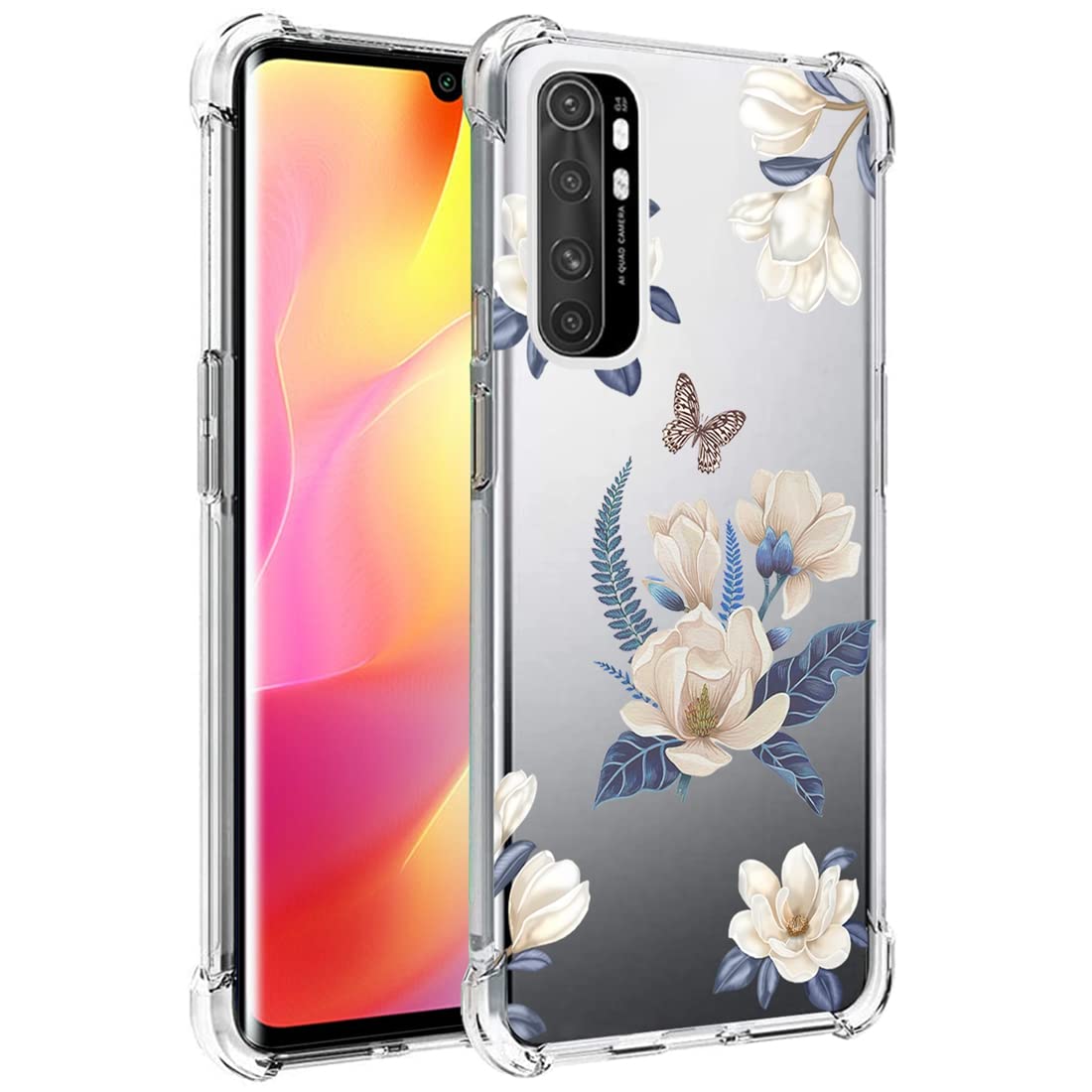 Xiaomi Note 10 Lite Case for Women - Cute Clear Slim Shockproof TPU Rubber Phone Cover with Floral Design | Protective Case for Xiaomi Mi Note 10 Lite M2002F4LG | Perfect for Everyday Use, Work & Travel (White Flower Pattern)