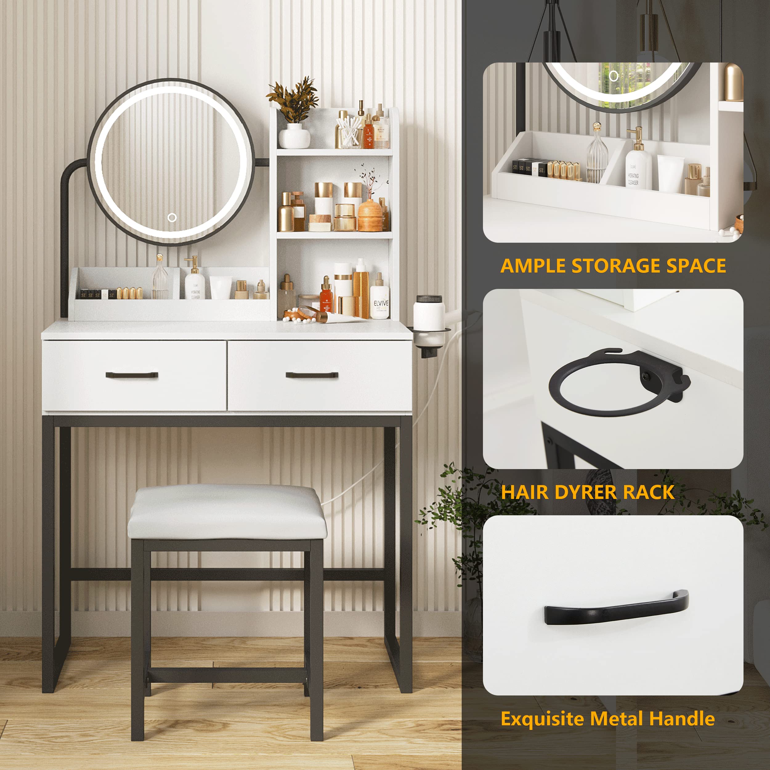 Elegant Makeup Vanity Desk with LED Lights & Mirror - 3 Lighting Modes, Spacious Storage, 31.5 Inch Compact Dressing Table for Bedroom | Perfect for Beauty Routines, Small Spaces & Gift Giving