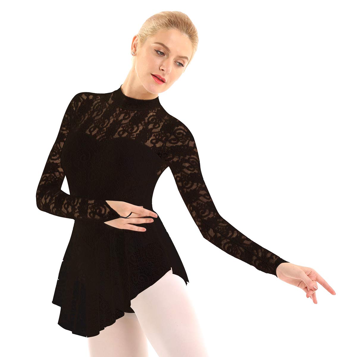 Elegant Women's Floral Lace Ballet Dance Dress with Fingerpoint Sleeves - Figure Skating Leotard for Ballet, Ice Skating & Performance