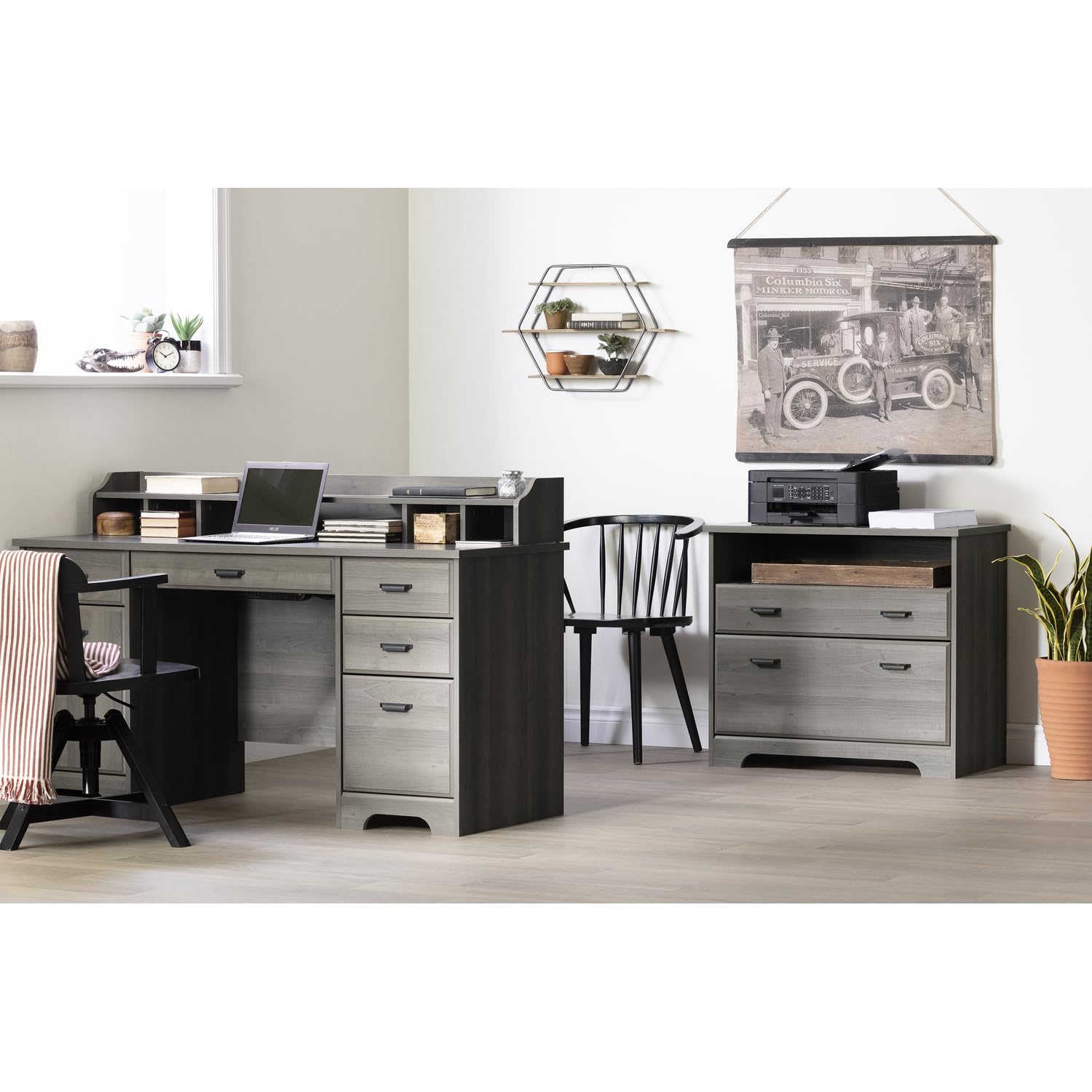 South Shore Versa Computer Office Desk with Built-in Power Bar, Gray Maple - Perfect for Home Office, Gaming & Study Workspace