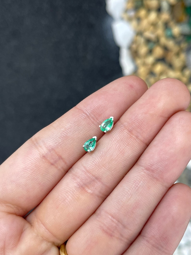 0.70tcw 14K White Gold Pear Cut Emerald Stud Earrings - Light Spring Green Gemstone, 3-Prong Setting for Secure Wear - Perfect for Weddings, Parties & Everyday Elegance