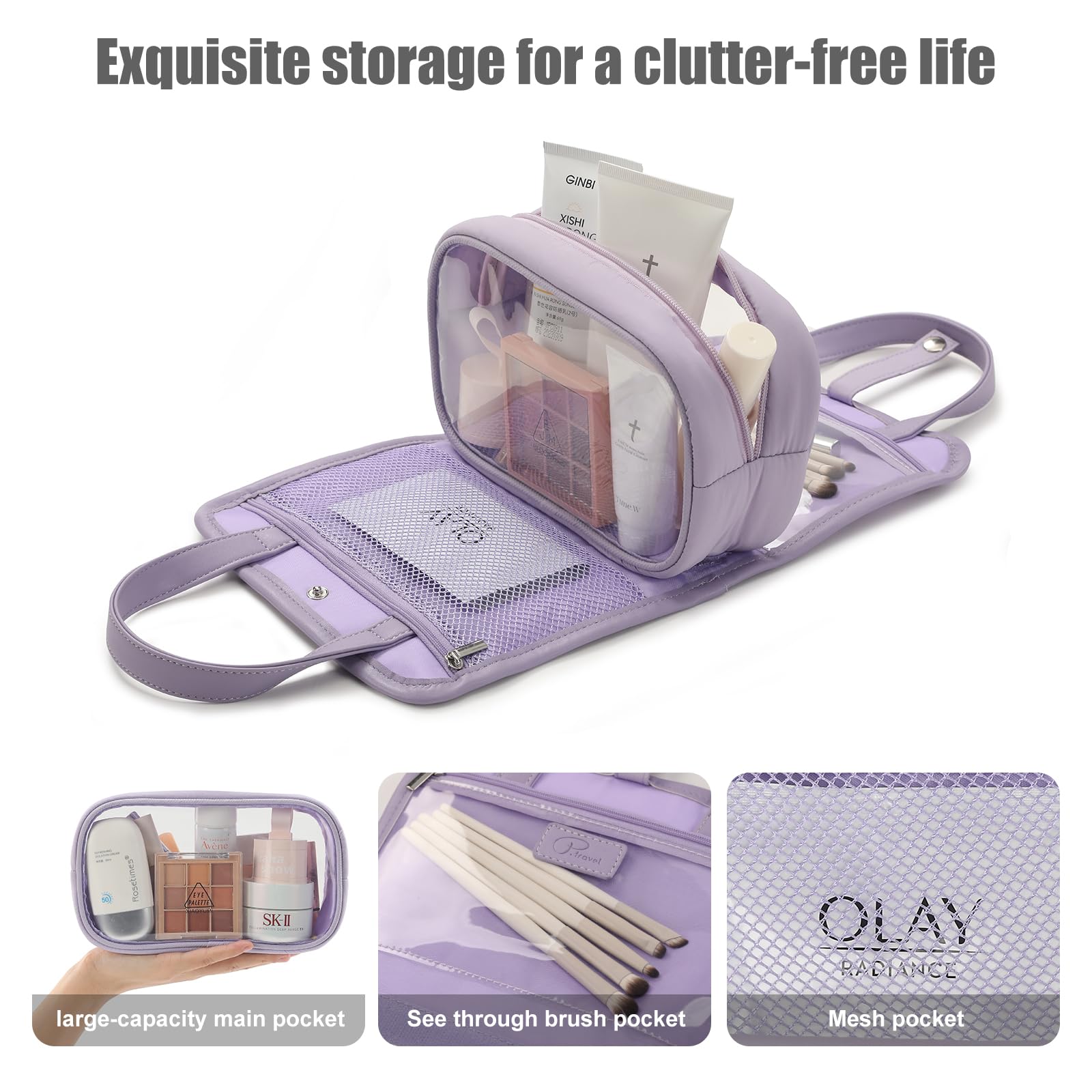 Travel Makeup Bag for Women & Girls - Removable Cosmetic Organizer with Brush Compartment | Portable Puffy Toiletry Case with Clear Windows & Handle (Lavender) | Perfect for Air Travel, Gym, Beach & Daily Use
