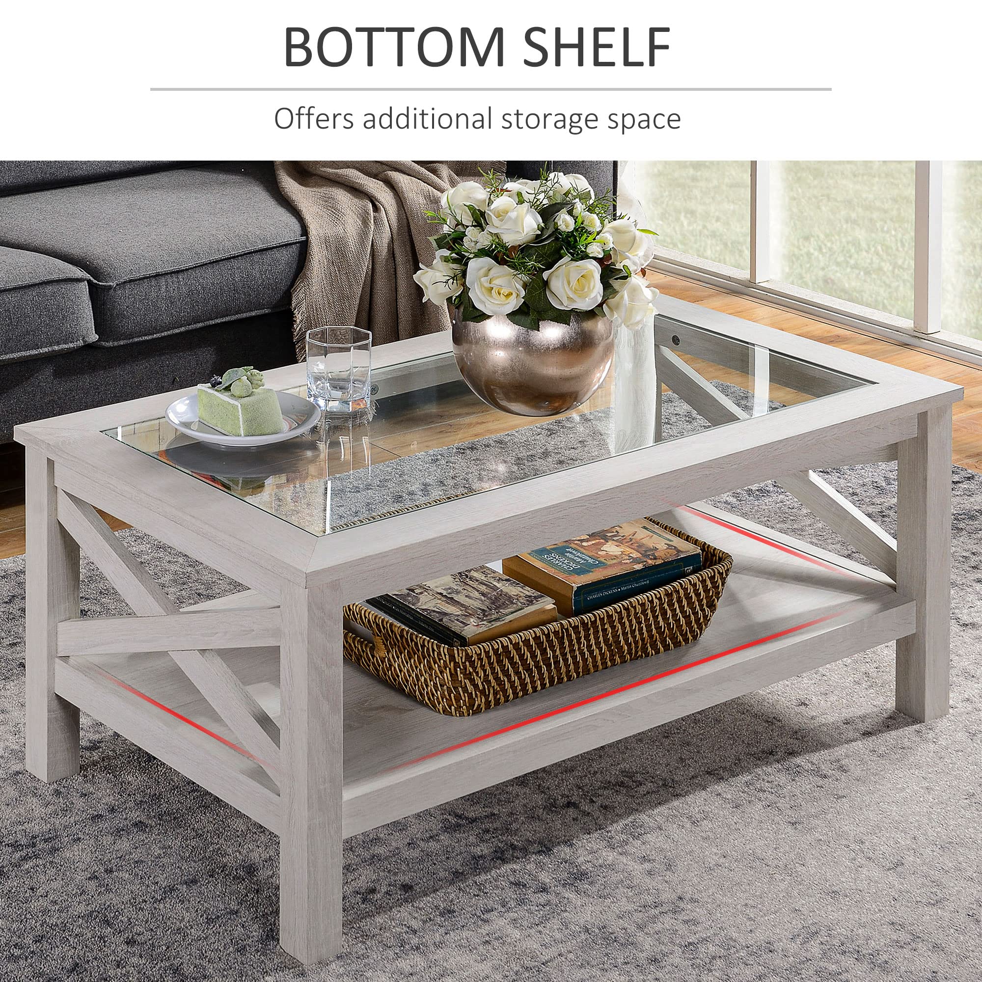 Farmhouse Style Coffee Table with Wood Frame & Tempered Glass Top - 39.25