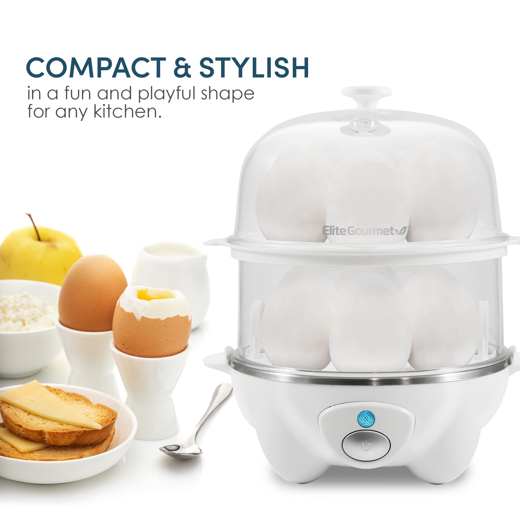 Elite Gourmet EGC1405W 2-Tier Rapid Egg Cooker - 5-Egg Poacher for Soft, Medium & Hard-Boiled Eggs, Omelets | Auto Shut-Off & Buzzer | BPA-Free | 14 Egg Capacity | White | Perfect for Breakfast, Meal Prep & Keto Diet