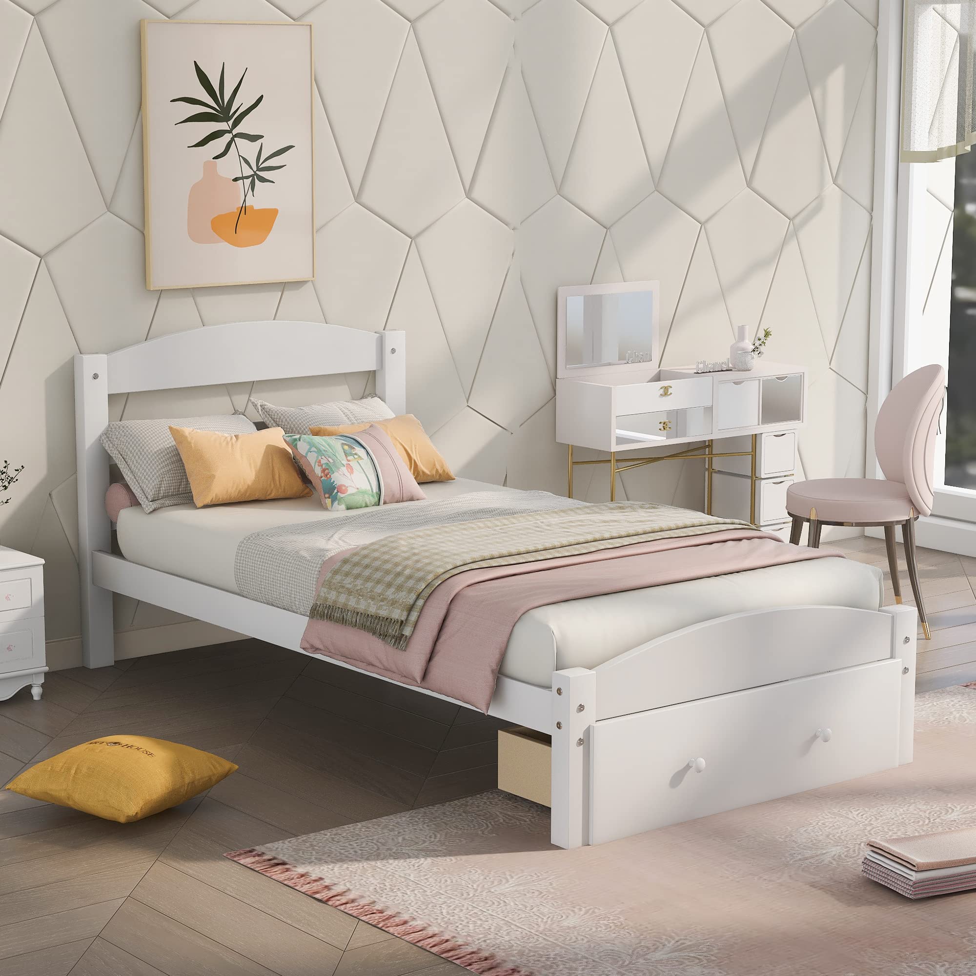 Rhomtree Twin Size Wood Platform Bed Frame with Storage Drawers & Wood Slat Support - No Box Spring Needed, White - Perfect for Kids Bedroom, Guest Room or Small Space Daybed