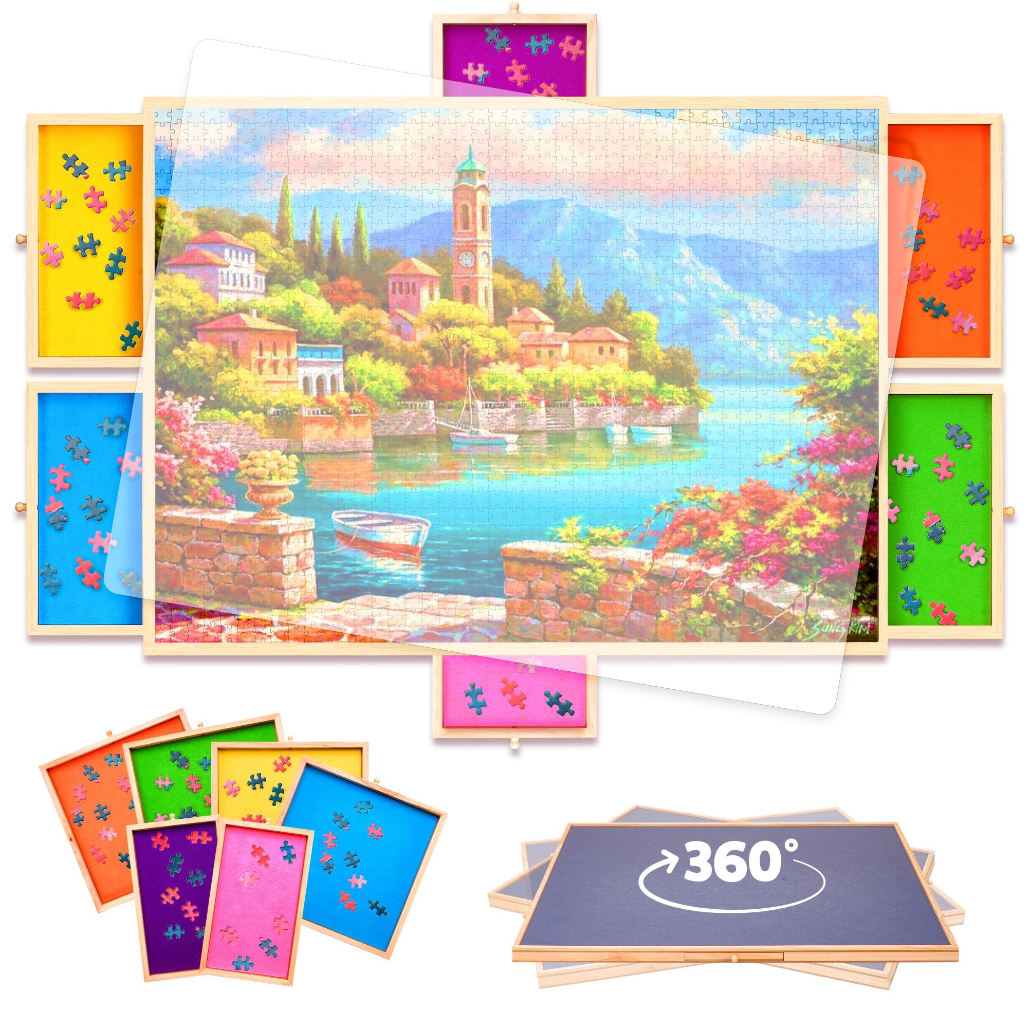 Rotating Wooden Puzzle Board with Drawers - Gift for Puzzle Lovers | Home & Office Use