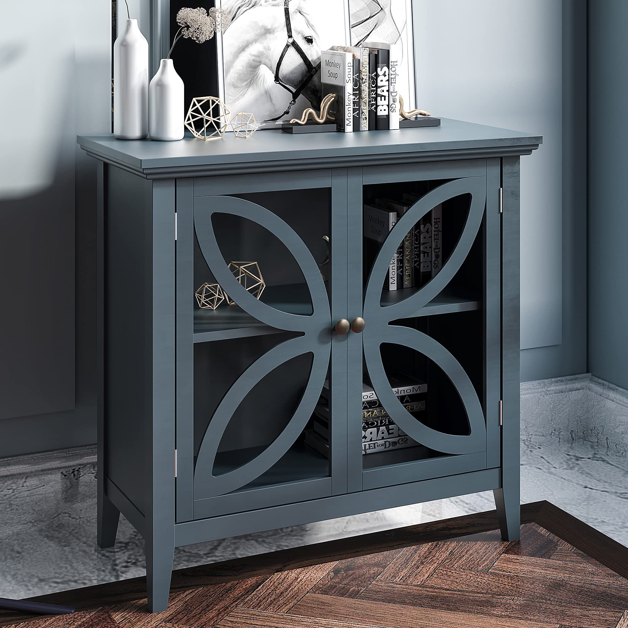 Farmhouse Style Wooden Accent Storage Cabinet with Decorative Glass Door - Buffet Sideboard Console Table for Entryway, Living Room, Bedroom - Navy Blue (Type F) | Perfect for Home Organization and Rustic Decor