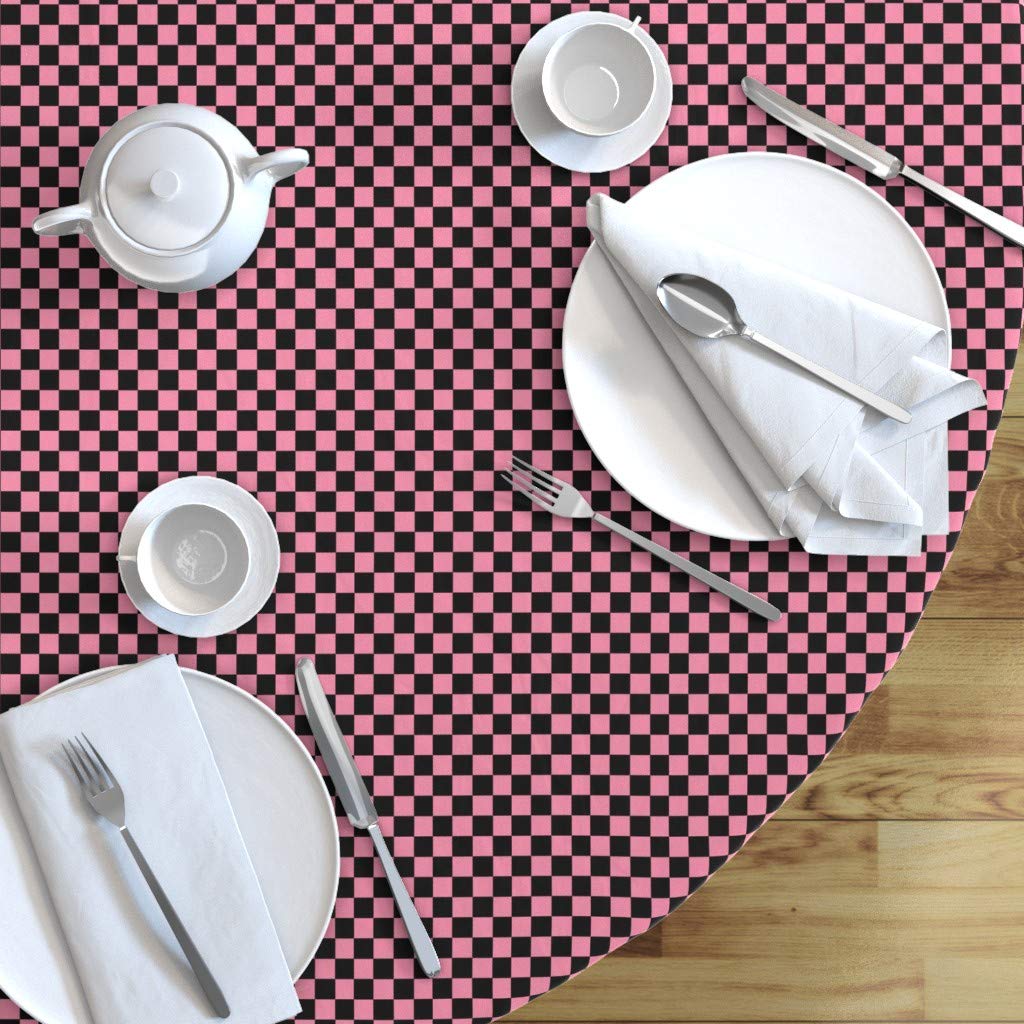 Mod Checks Pop Art Pink Check Pattern Black Grid Geometric Squares Cotton Sateen Tablecloth - 70