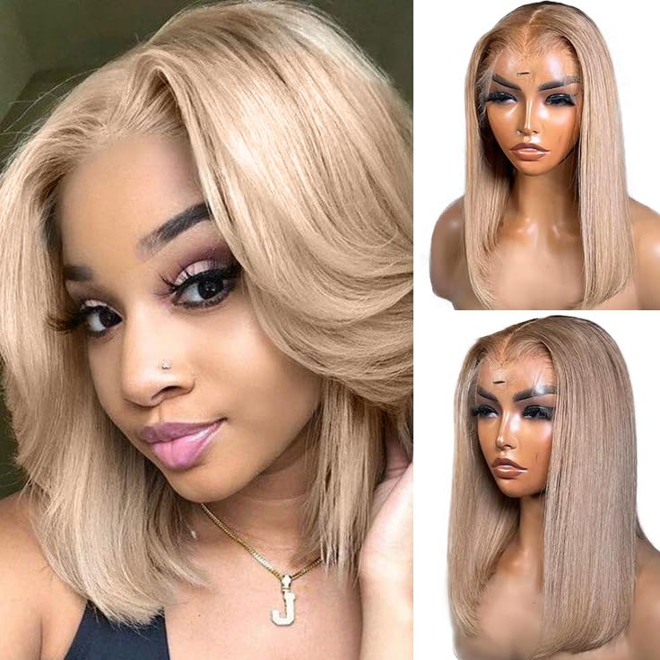 Ash Blonde Bob Wigs Human Hair 180% Density 13x6 HD Lace Frontal Wig for Women - Virgin Hair Silky Straight Glueless Pre-Plucked with Baby Hair - 8 Inch Short Bob Wig Blunt Cut - Perfect for Cosplay, Daily Wear & Special Occasions