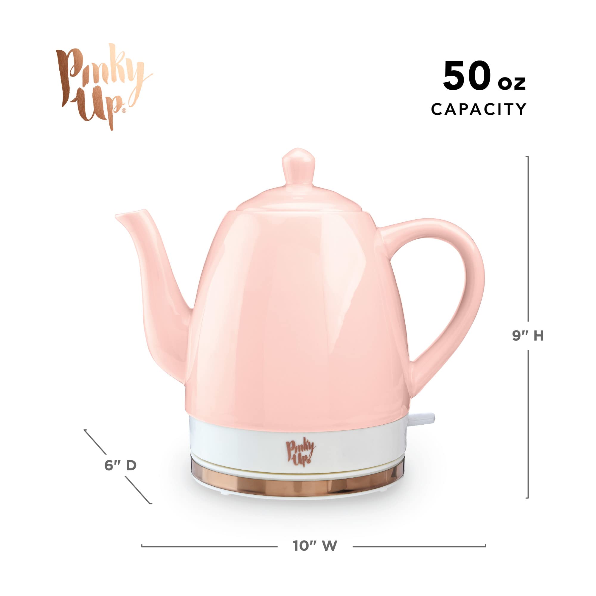 Pinky Up Noelle 1.5L Electric Gooseneck Kettle - Pink Ceramic Tea Kettle with Rose Gold Accents, Fast Boiling Water Heater for Pour Over Coffee, French Press & Loose Leaf Tea - Perfect for Home, Office & Coffee Shop Use