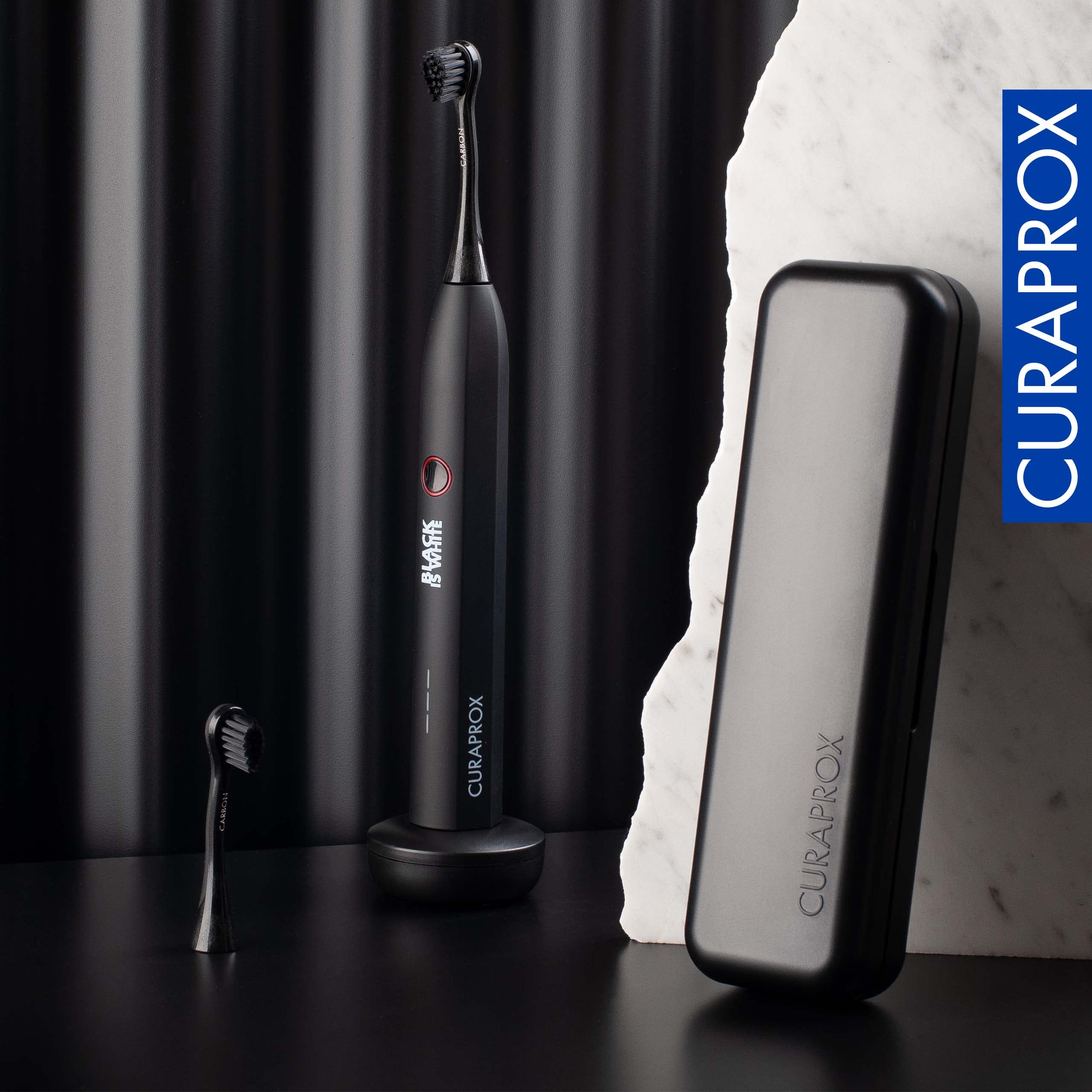Curaprox Black is White Hydrosonic Electric Toothbrush with 2 Brush Heads, USB Charger & Travel Case - Professional Teeth Cleaning for Home & Travel Use