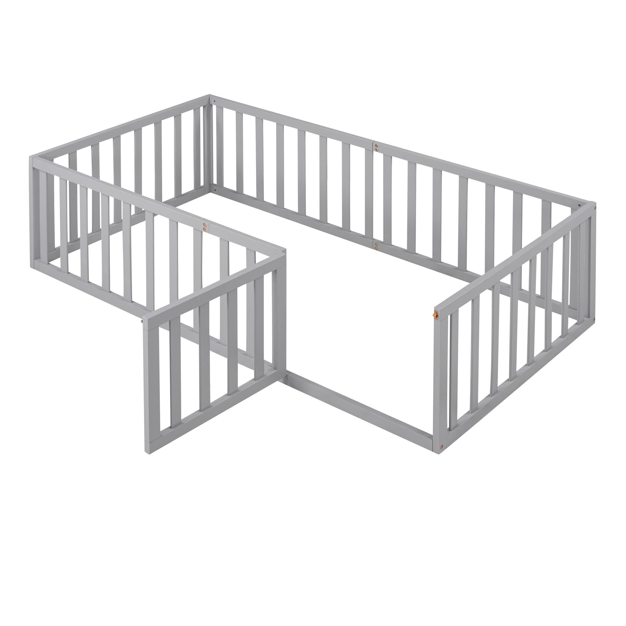 Montessori Twin Floor Bed with Safety Rails & Door - Wooden Low Profile Bed Frame for Kids, Girls & Boys - Grey - Perfect for Toddler Rooms, Daycare & Montessori Classrooms