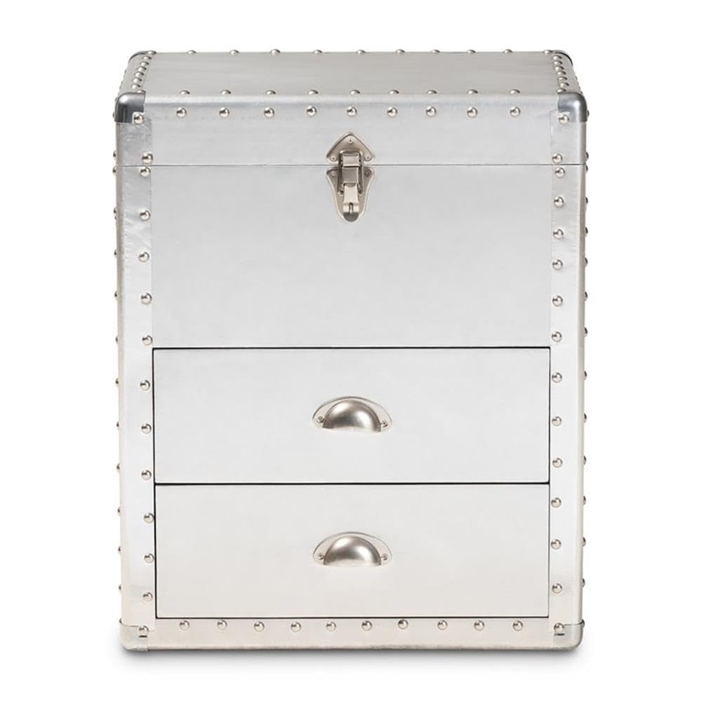 Baxton Studio Serge French Industrial Silver Metal 2-Drawer Accent Storage Chest - Vintage Style Bedroom Dresser for Clothes & Jewelry Organization