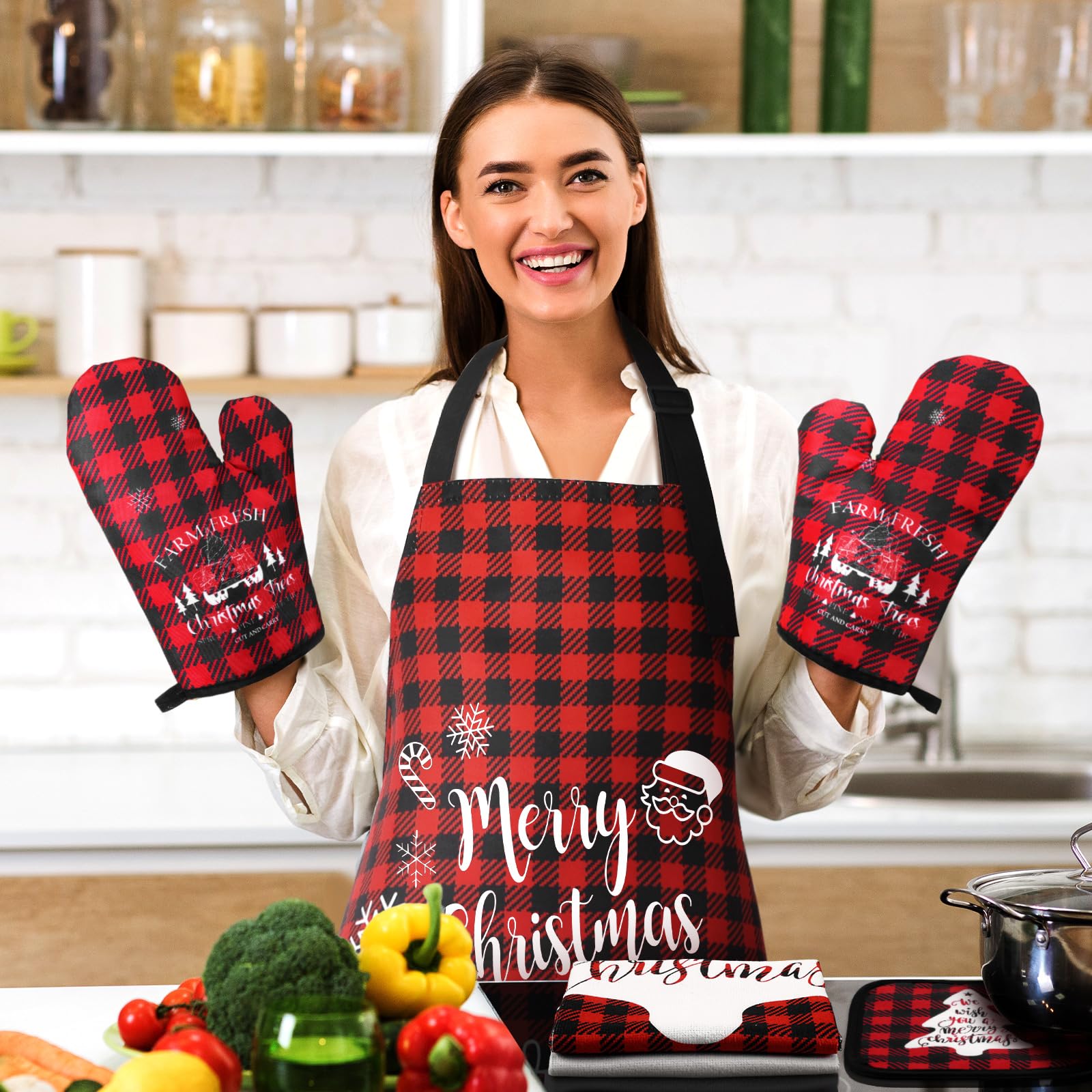 Geetery 10-Piece Christmas Kitchen Towel Set with Oven Mitt, Pot Holder & Apron - Festive Cotton Tree Design for Holiday Cooking & Baking (Red & Black Plaid) - Perfect for Christmas Dinner Prep, Baking Gifts & Festive Home Decor