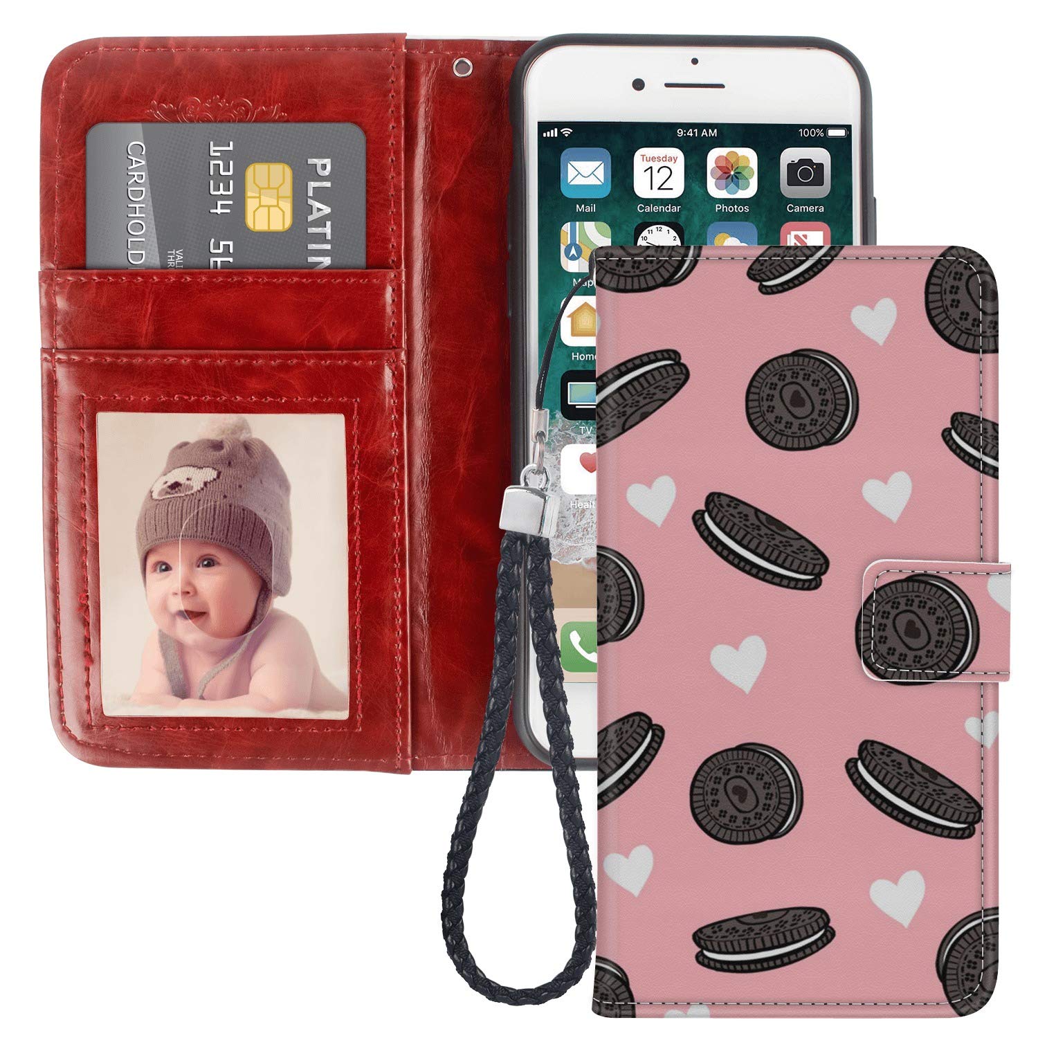 Premium PU Leather Wallet Case for iPhone 7/8 Plus - Oreo Cookies Design with Card Holder, Kickstand & Wrist Strap | Slim Protective Phone Cover for Everyday Use, Travel & Commuting