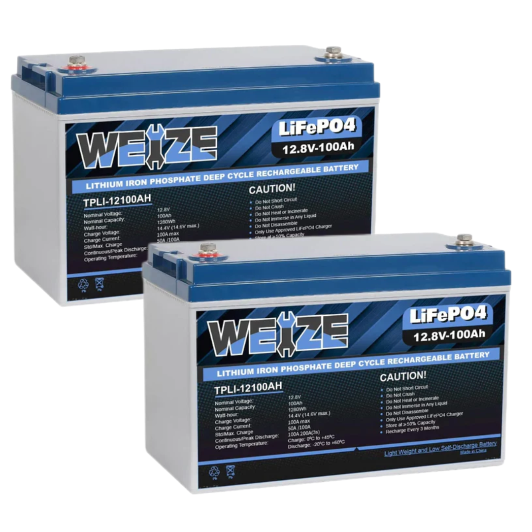 WEIZE 12V 100Ah 1280Wh LiFePO4 Deep Cycle Battery (2 Pack) - Perfect for RVs, Solar Power Systems, Marine Applications & Off-Grid Energy Storage