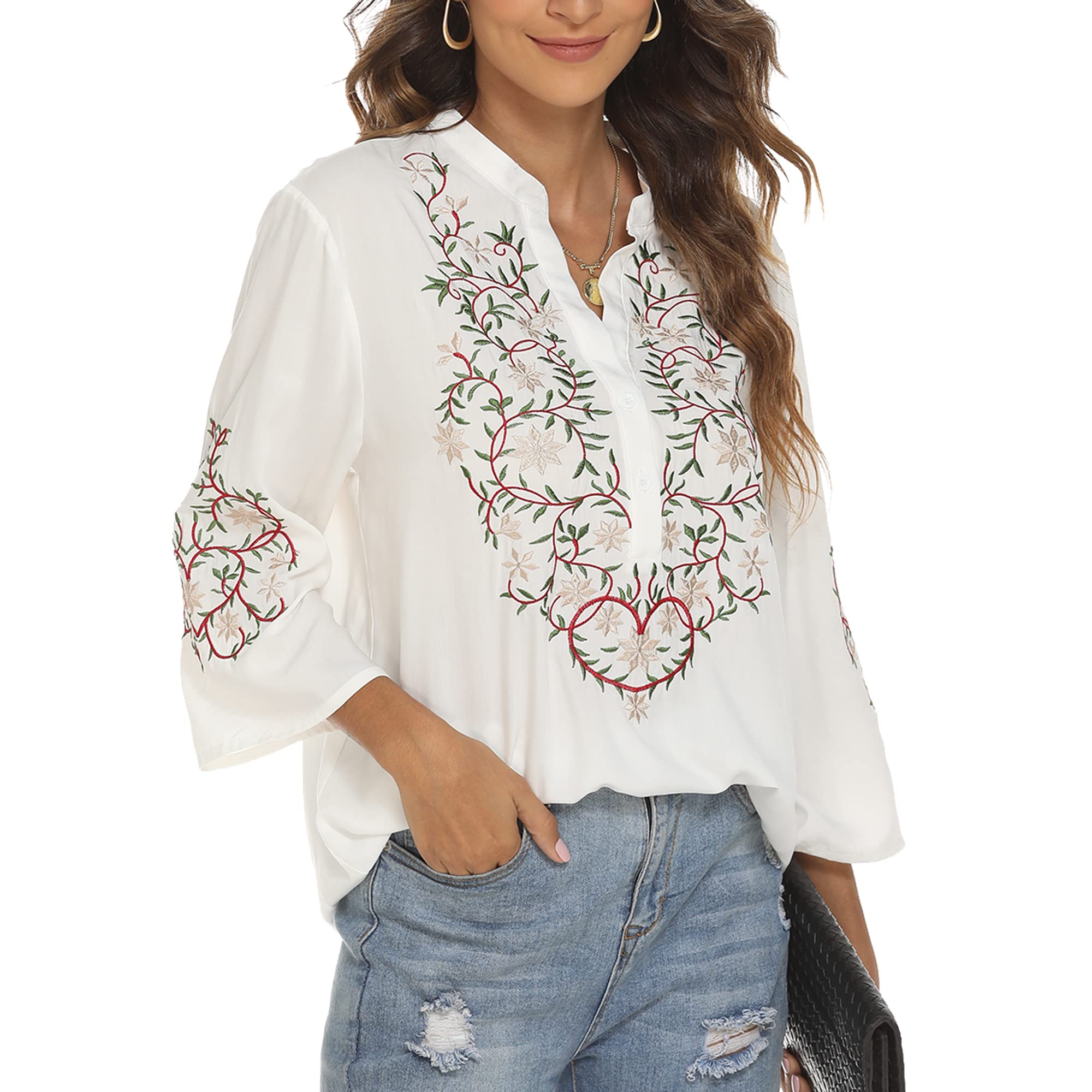 Traditional Mexican Embroidered Peasant Tops for Women - Plus Size Vintage Floral Tunic Shirts with Handmade Flowers Embroidery - Perfect for Boho Chic Outfits, Summer Festivals & Casual Wear