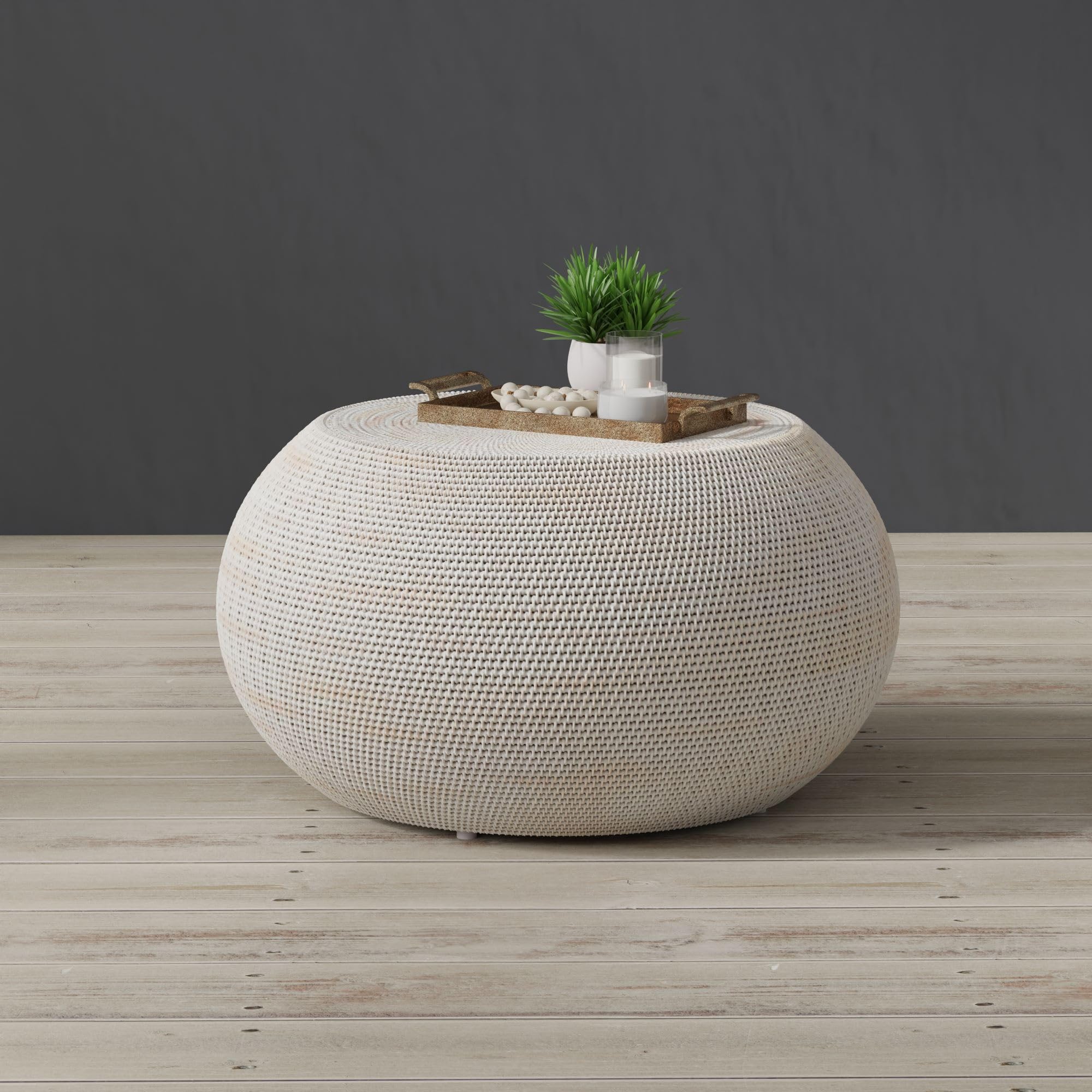 KOUBOO La Jolla Round Rattan Coffee Table - Natural Woven Drum End Side Table for Living Room, Bedroom & Patio - Whitewashed Boho Home Decor - Perfect for Cozy Seating Areas & Outdoor Spaces