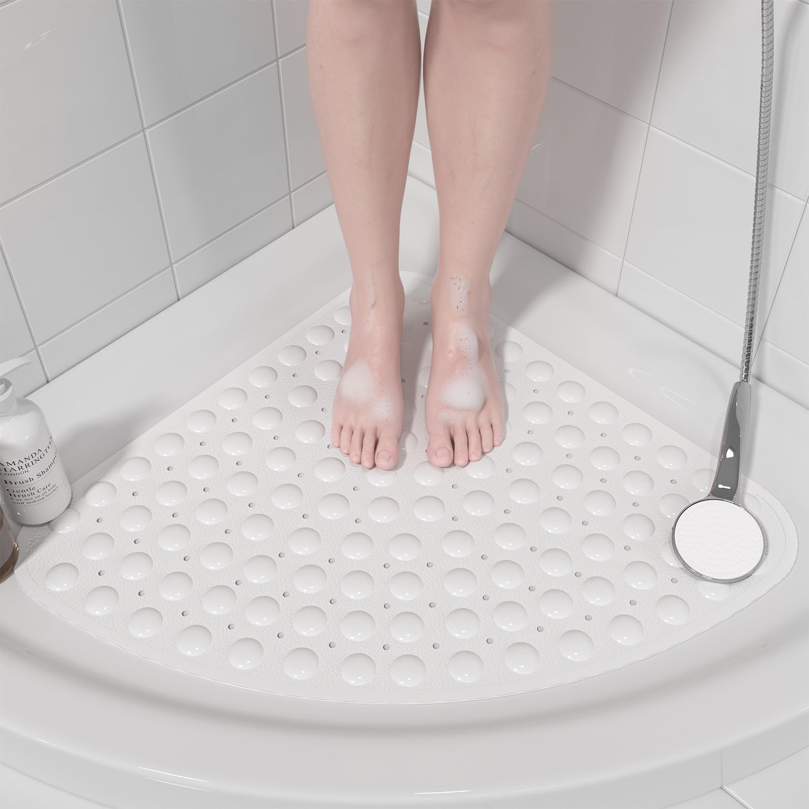 Non-Slip Corner Shower Mat 21x21 Inches with Suction Cups - Machine Washable Triangle Bath Mat for Shower Stall, Bathroom Safety - Perfect for Elderly & Kids in Wet Areas (White)