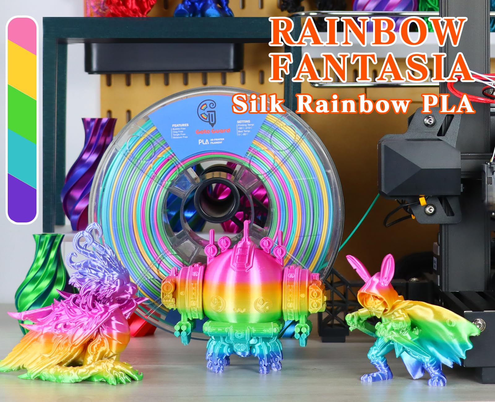 Goto Guard Rainbow Silk PLA Filament 1.75mm - Multicolor Changing Filament (Green, Blue, Purple, Pink, Yellow) 1kg Spool for 3D Printing | Perfect for Cosplay Props, Art Models & Creative DIY Projects