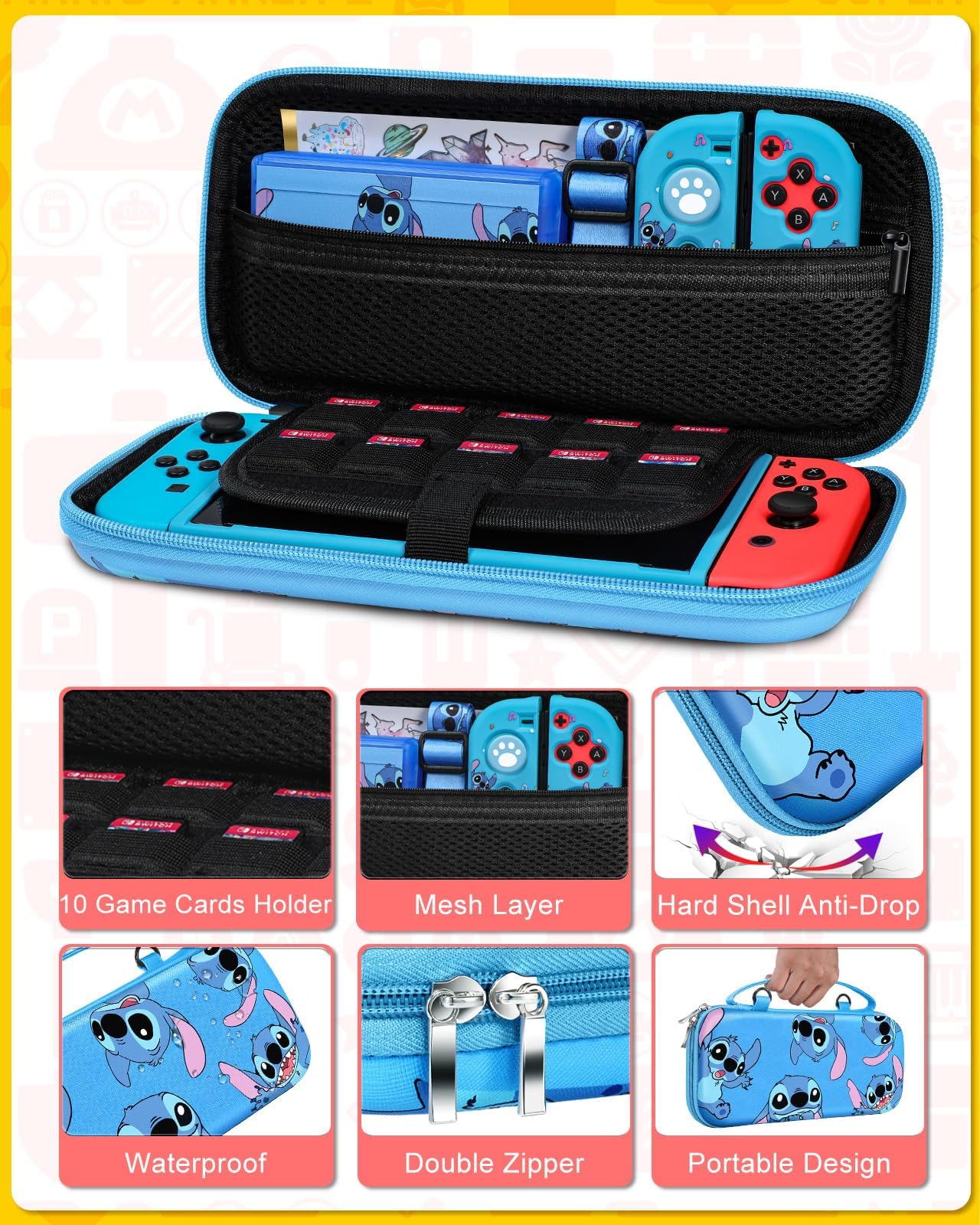 Nintendo Switch 9-in-1 Accessories Kit with Travel Case, Protective Cover, Game Holder, Strap, Stickers & Joycon Shells - Perfect for Kids & Travel | Cute Stit Design for Boys & Girls