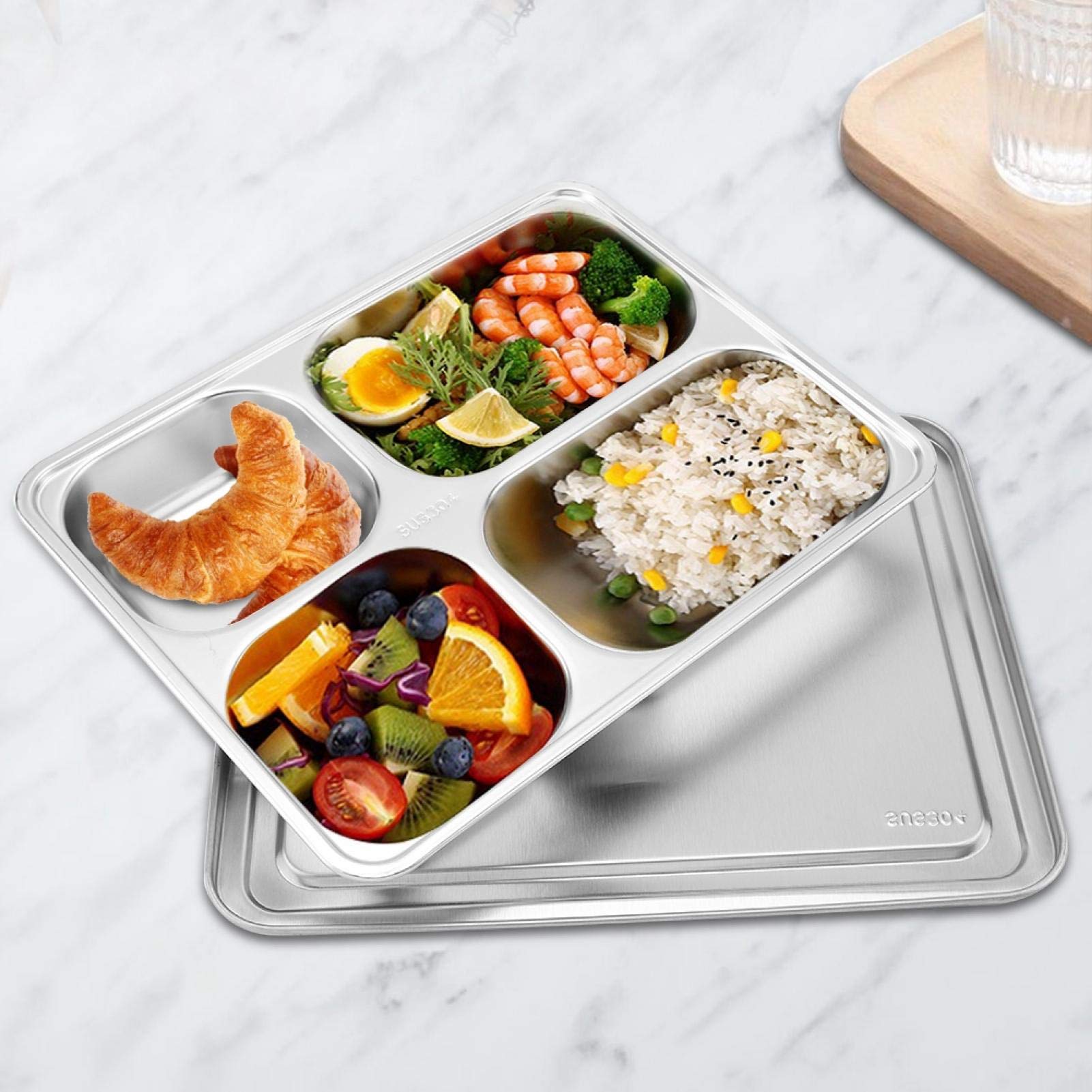 Raguso 304 Stainless Steel Divided Plates with Lid - 4-Pack Rectangular Food Serving Trays for School, Home, Camping & Picnics | Durable Lunch Box & Canteen Tray for Meal Prep, Portion Control & Outdoor Dining