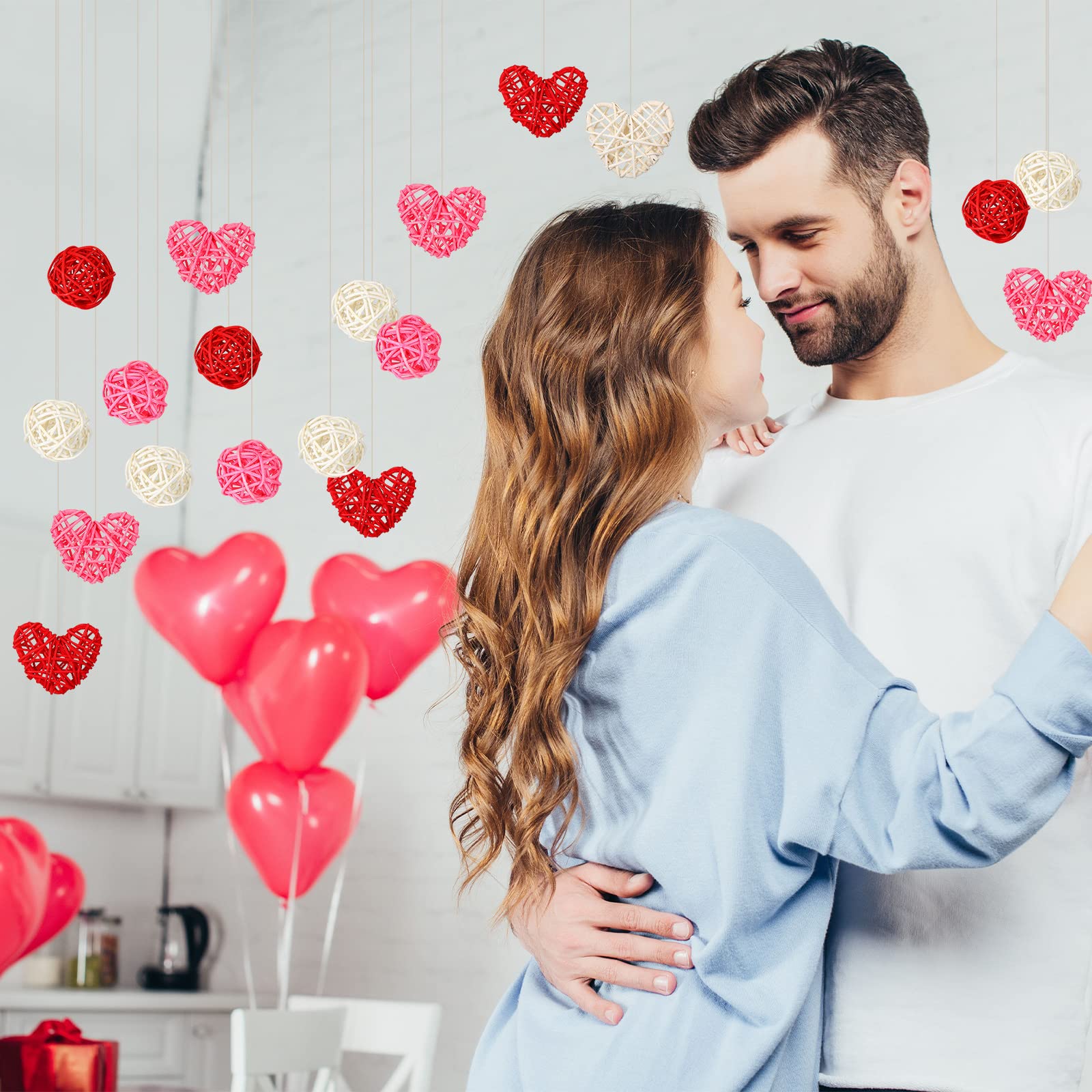 24-Piece Valentine's Day Wicker Rattan Ball Set - 12 Heart-Shaped & 12 Round Rattan Balls for DIY Crafts, Christmas Tree Decorations, Wedding & Home Party Decor in Pink, Red & White