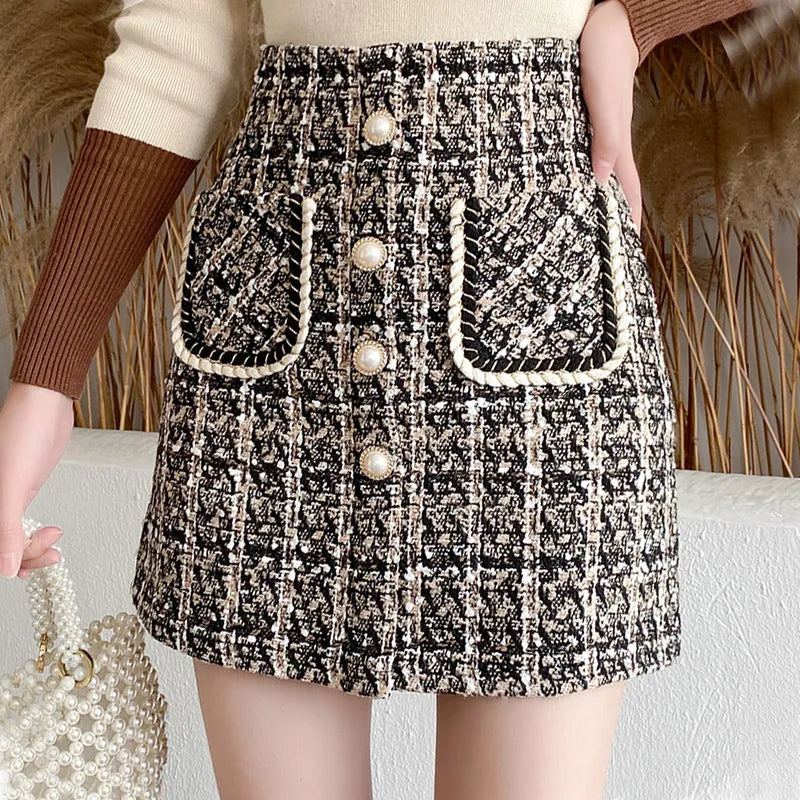 Women's Fall Winter Plaid Tweed Mini Skirt - Thick Woolen Glitter Skirt with Pearl Buttons & Front Pockets | Perfect for Office, Party, and Holiday Outfits