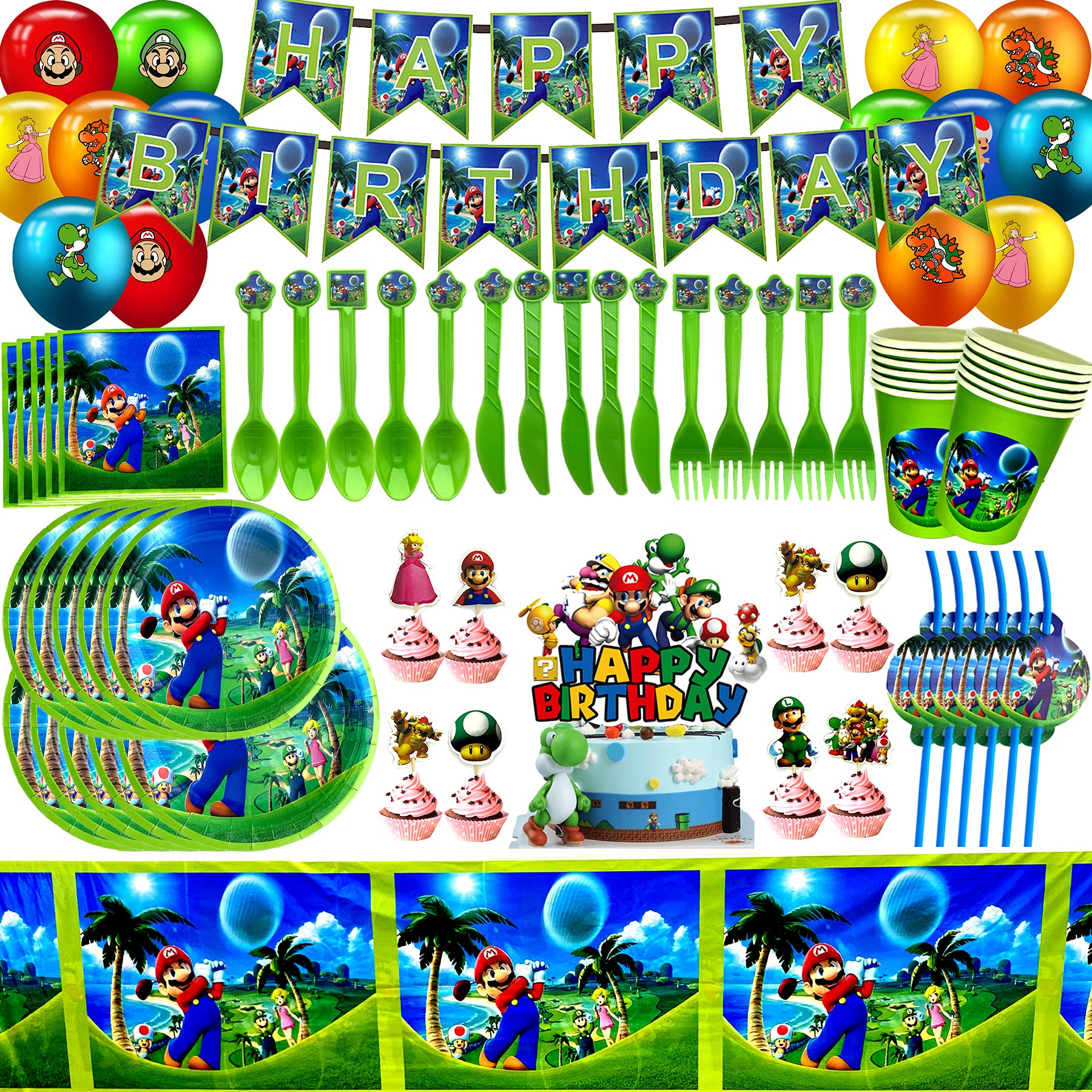 Super Mario Bros Party Supplies Set for 10 Guests - Includes Banner, Table Cover, Cake Topper, Plates, Cups, Cutlery & Balloons - Perfect for Birthday Parties, Game-Themed Events & Kids Celebrations