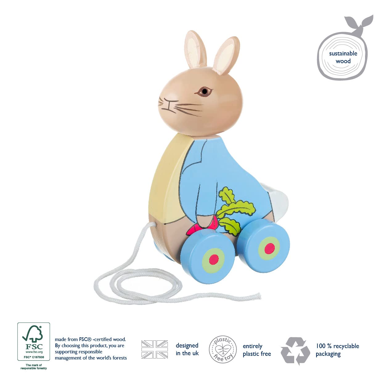 Peter Rabbit Wooden Pull Along Toy for Toddlers - Classic Pull Toy for Kids, Perfect for Indoor Play, Outdoor Walks & Early Childhood Development