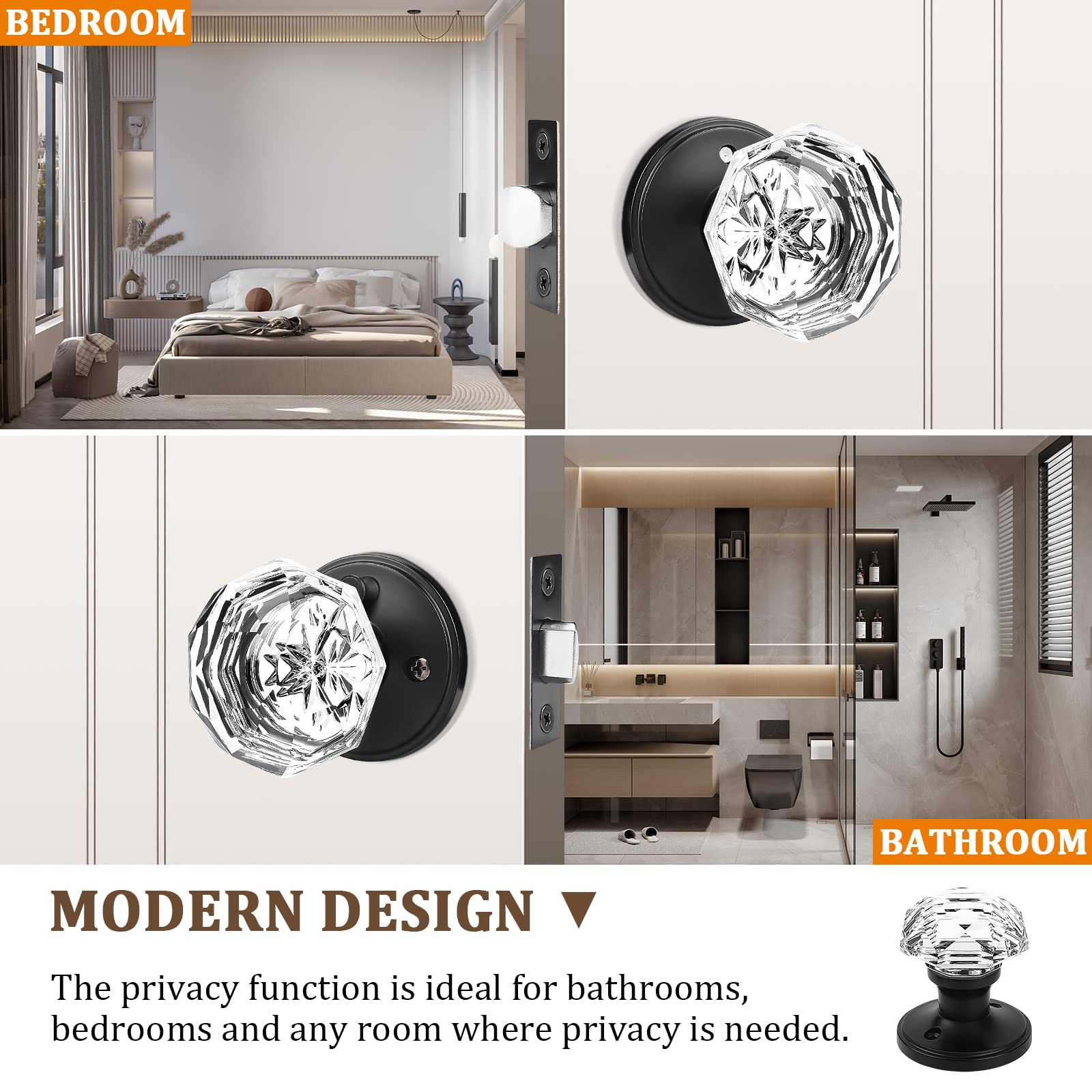 6 Pack Glass Door Knobs with Flat Black Rosette - Keyless Privacy Interior Door Handles for Bedroom & Bathroom - Diamond Crystal Glass Knobs with Zinc Alloy Base - Perfect for Home, Office, and Commercial Spaces