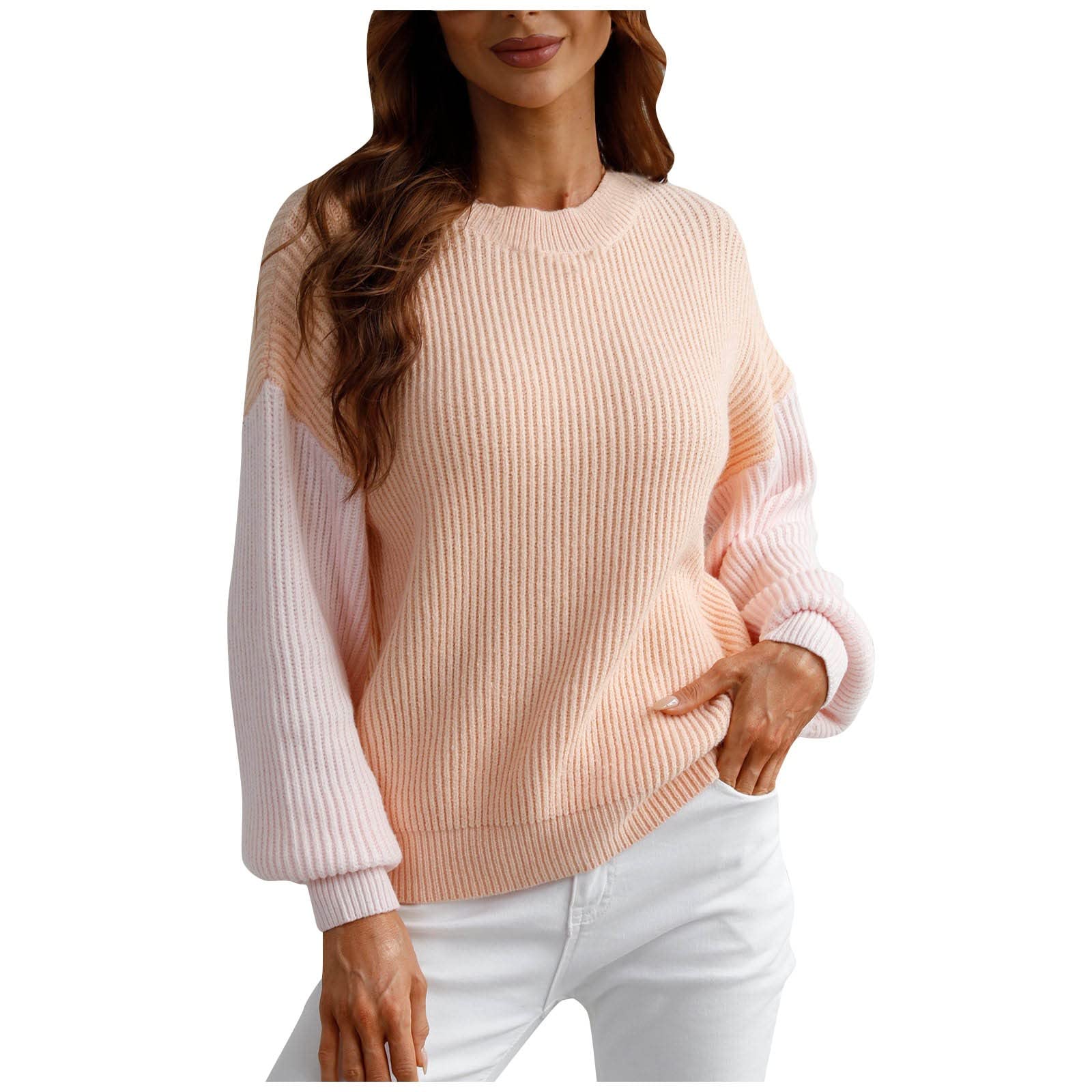 Women's Colorblock Long Sleeve Sweater - Solid Crew Neck Lightweight Waffle Knit Pullover | Soft Ribbed Winter Tops for Fall & Winter | Cozy Casual Outfits, Office Wear & Holiday Layering