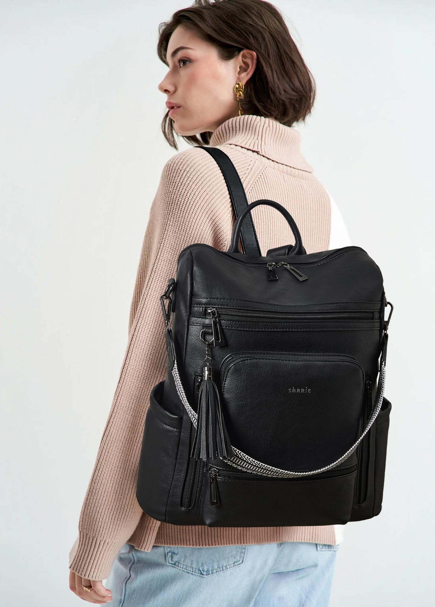 Shrrie Vegan Leather Laptop Backpack for Women - 15.6 Inch Waterproof Work Backpack with USB Charging Port, Stylish College Travel Backpack Purse for Business, Commuting & Daily Use
