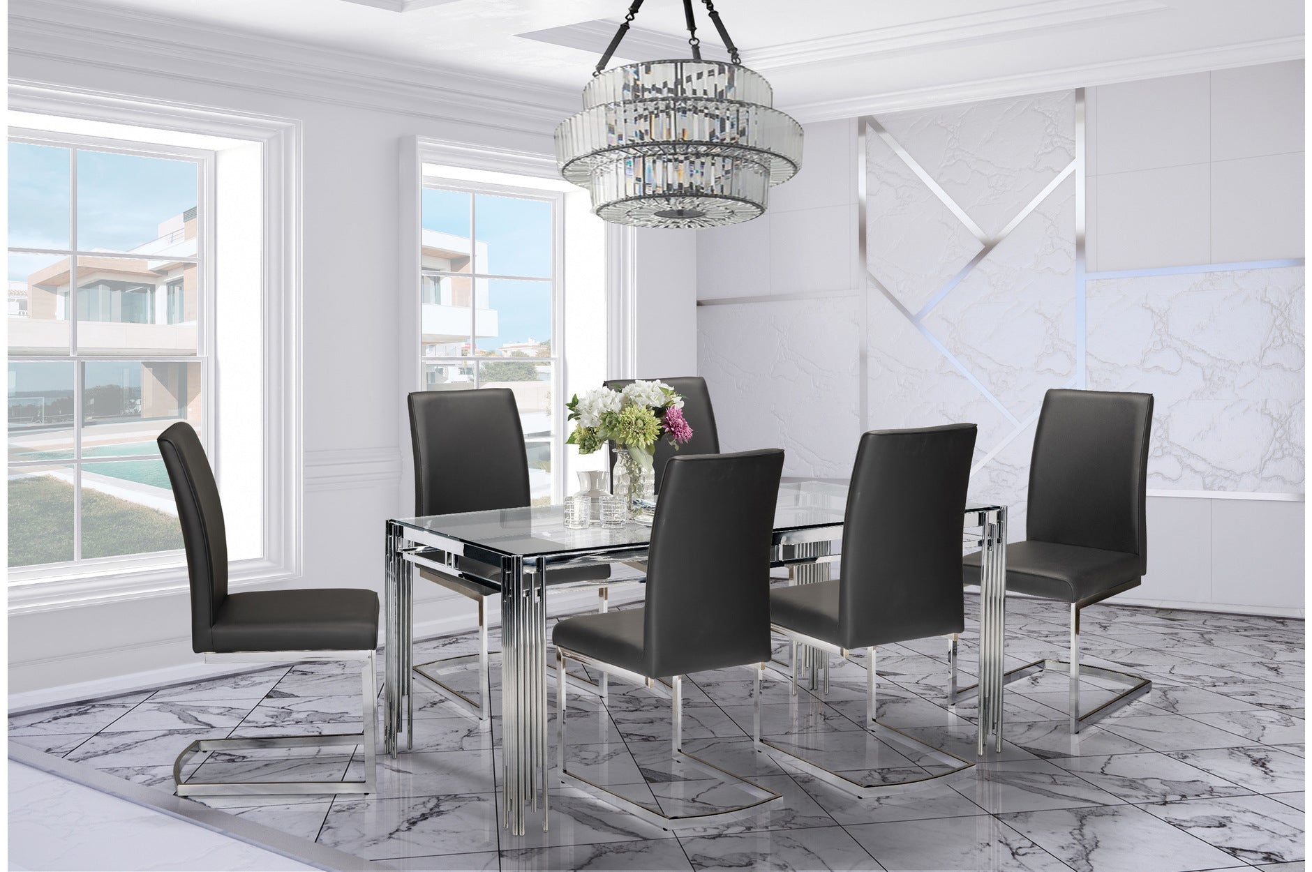 7-Piece Porfirio Dining Set with Black Leather Shirelle Chairs - Elegant Modern Dining Room Furniture for Home & Entertaining