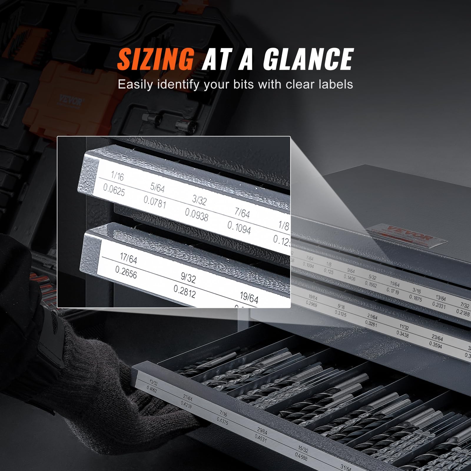VEVOR 3-Drawer Drill Bit Organizer Cabinet - Jobber Length Fractional Size 1/16