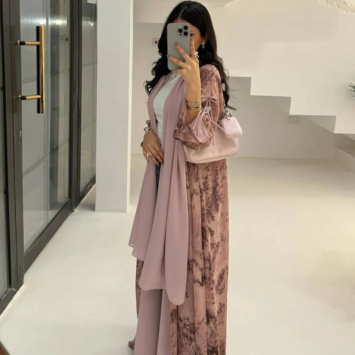 Elegant Printed Chiffon Hijab Cardigan Open Abaya Dress #25181 - Perfect for Modest Fashion, Prayer, and Special Occasions