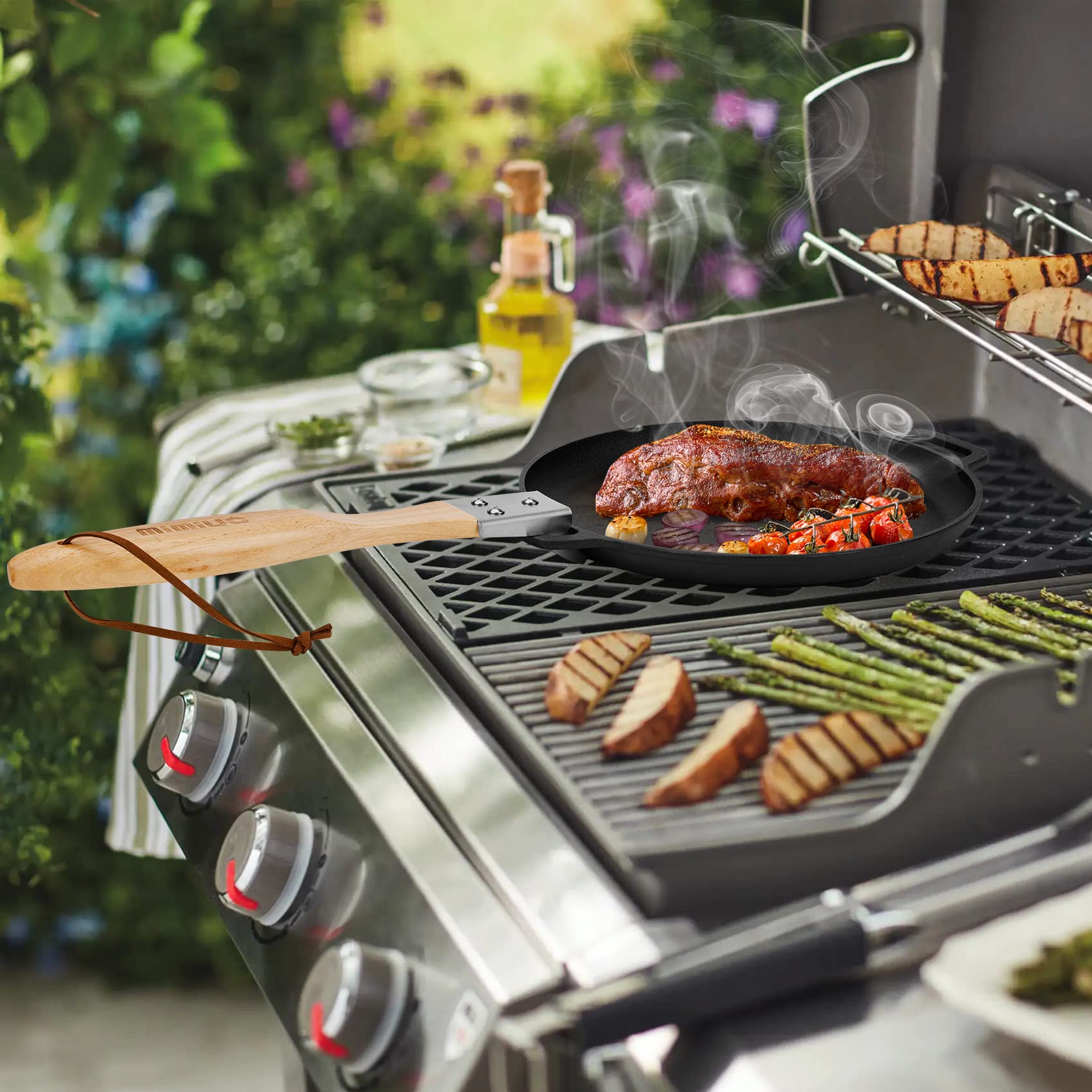 12 Inch Cast Iron Sizzler Pan - Nonstick Pizza Oven & Grill Skillet with Removable Handle - Perfect for Fajitas, Steak, Hibachi Cooking at Home or Outdoor BBQ