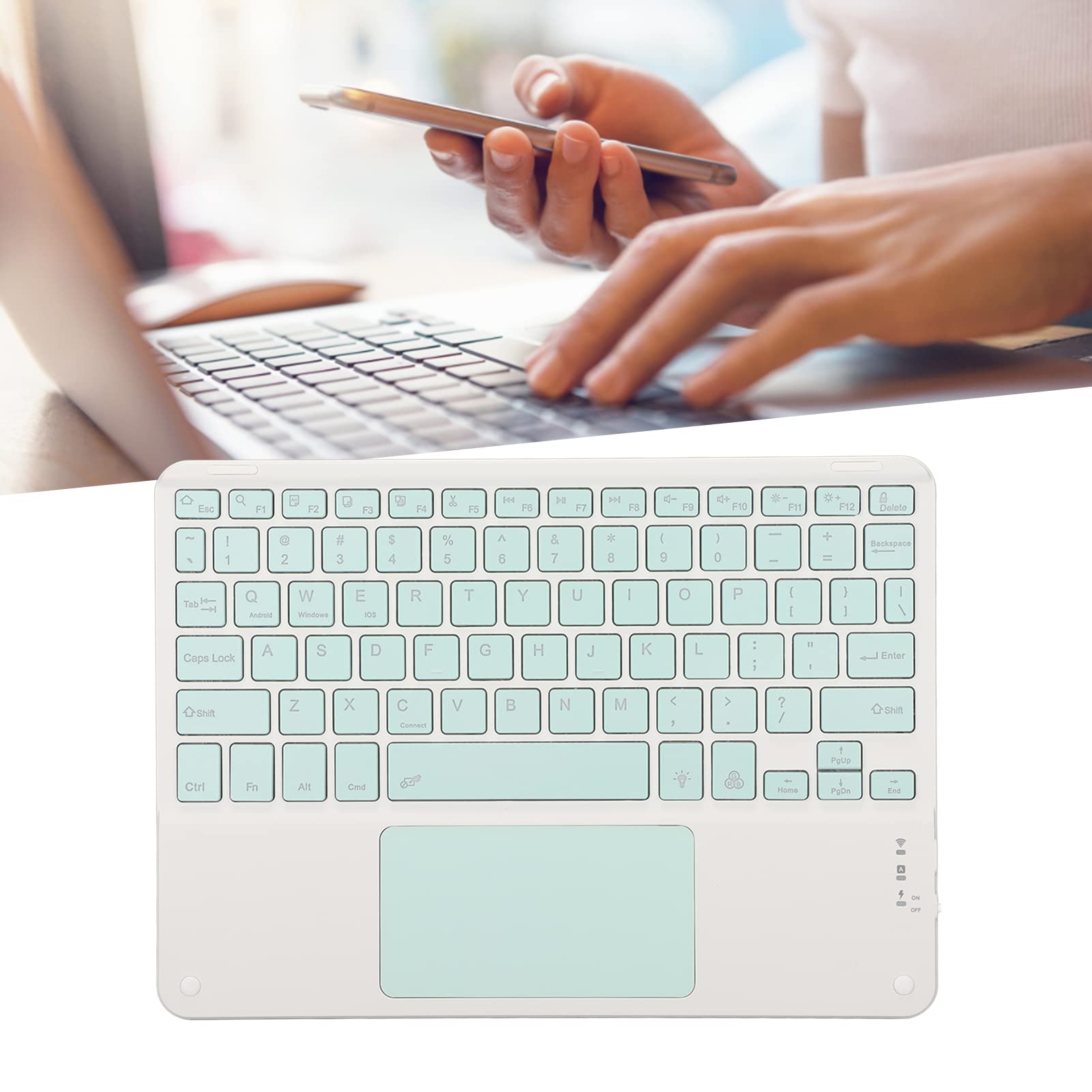 10 Inch Ultra Silent Portable Bluetooth Keyboard with Touchpad - Mini Ergonomic Keyboard for Laptop, Tablet, Smartphone, Computer (Cyan) - Perfect for Home, Office, and Travel Use