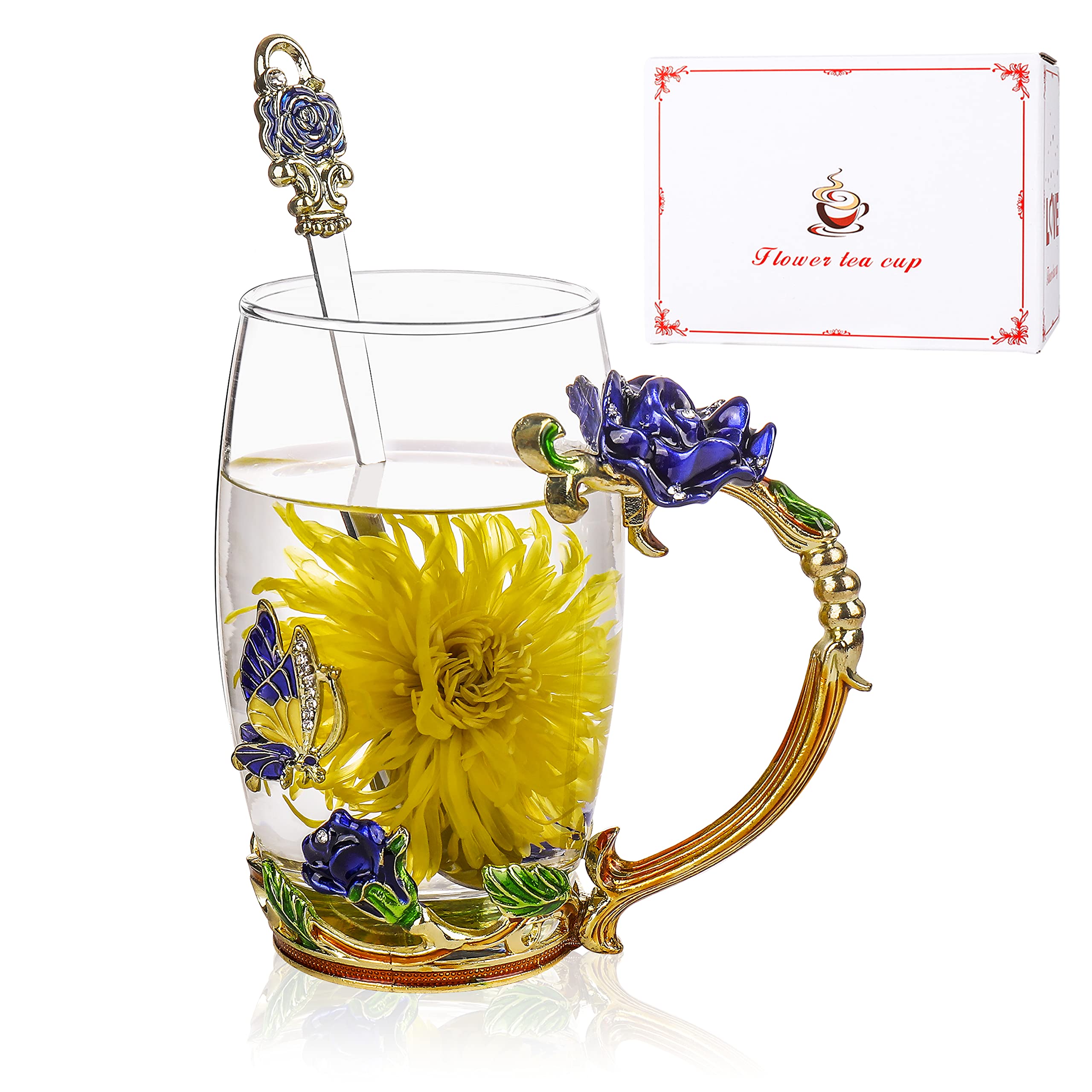 OnePeng Glass Coffee Mug with Enamel Design - Elegant Tea Cup for Women, Perfect Birthday Gift for Mom, Wife, Friends - Valentine's Day & Christmas Present (Rose Blue Tall) - Ideal for Home, Office & Cozy Afternoon Tea