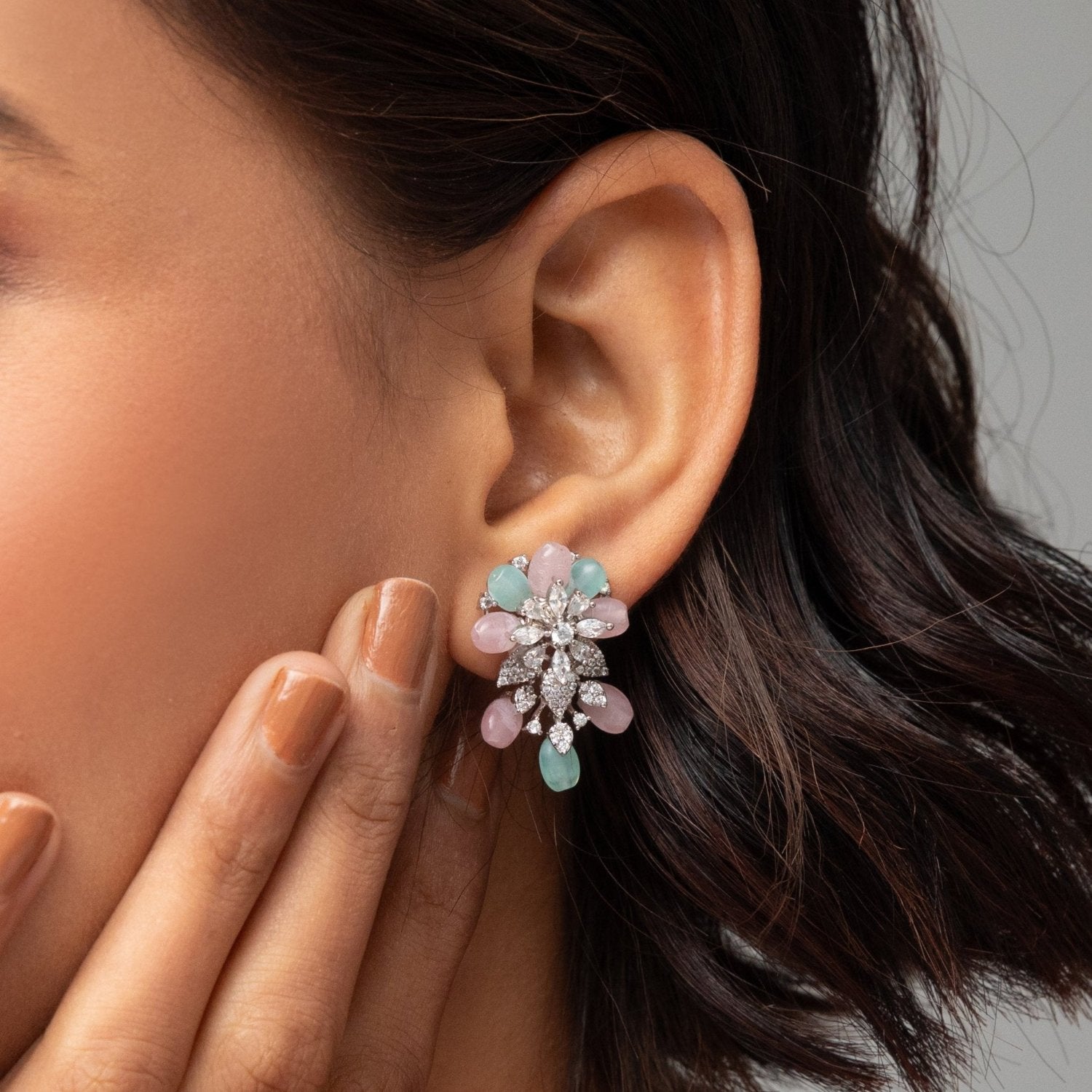 CZ Aqua Beads Stud Earrings - Floral Elegance Jewelry for Women | Hypoallergenic Cubic Zirconia Earrings for Daily Wear, Parties & Special Occasions