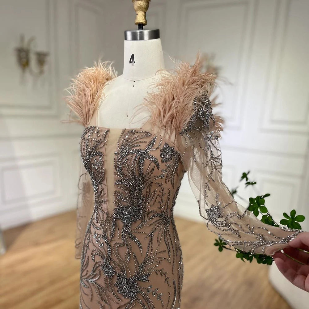 Luxury Dubai Nude One Shoulder Beaded Feather Mermaid Evening Dress for Women - Wedding, Party, Prom & Special Occasion Gowns - Elegant Formal Gown LA72508