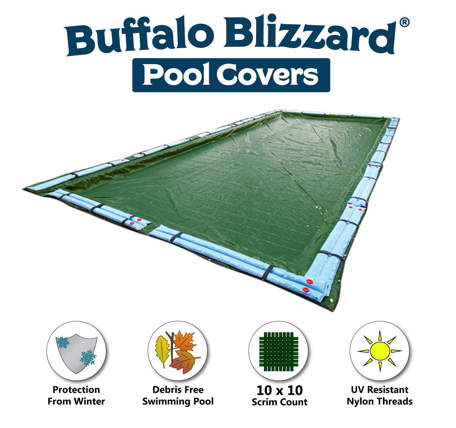 Buffalo Blizzard Supreme Winter Pool Cover with Water Bags - 25'x50' Rectangle In-Ground Swimming Pool Cover | Heavy Duty Green/Black | Includes 5' Overlap (30'x55') | Perfect for Winter Protection & Snow Load Resistance