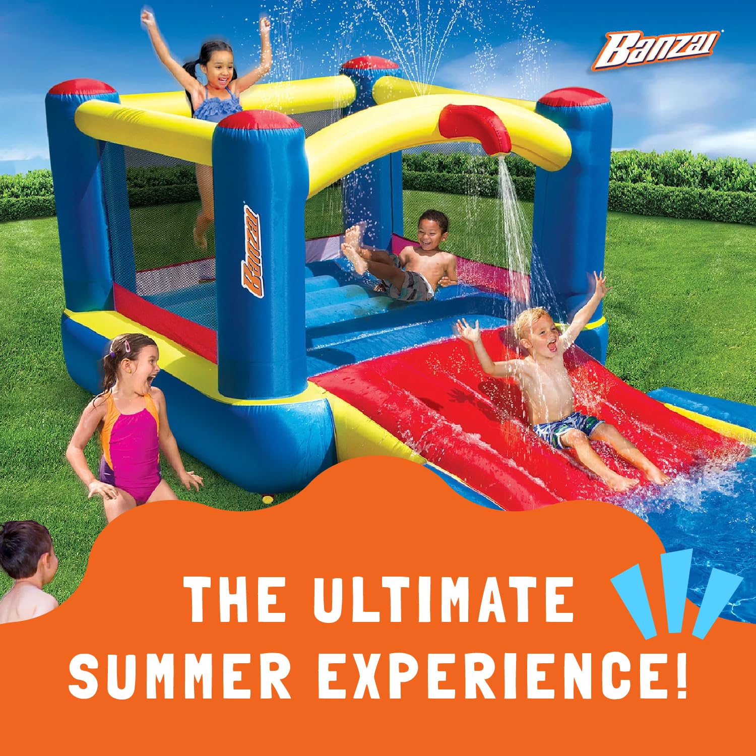 Banzai Bounce 'N' Splash Inflatable Water Slide Park - Heavy Duty Outdoor Bounce House with Slide & Splash Pool for Kids Ages 5-12 - Multicolor - Perfect for Backyard Parties, Summer Fun, and Family Gatherings