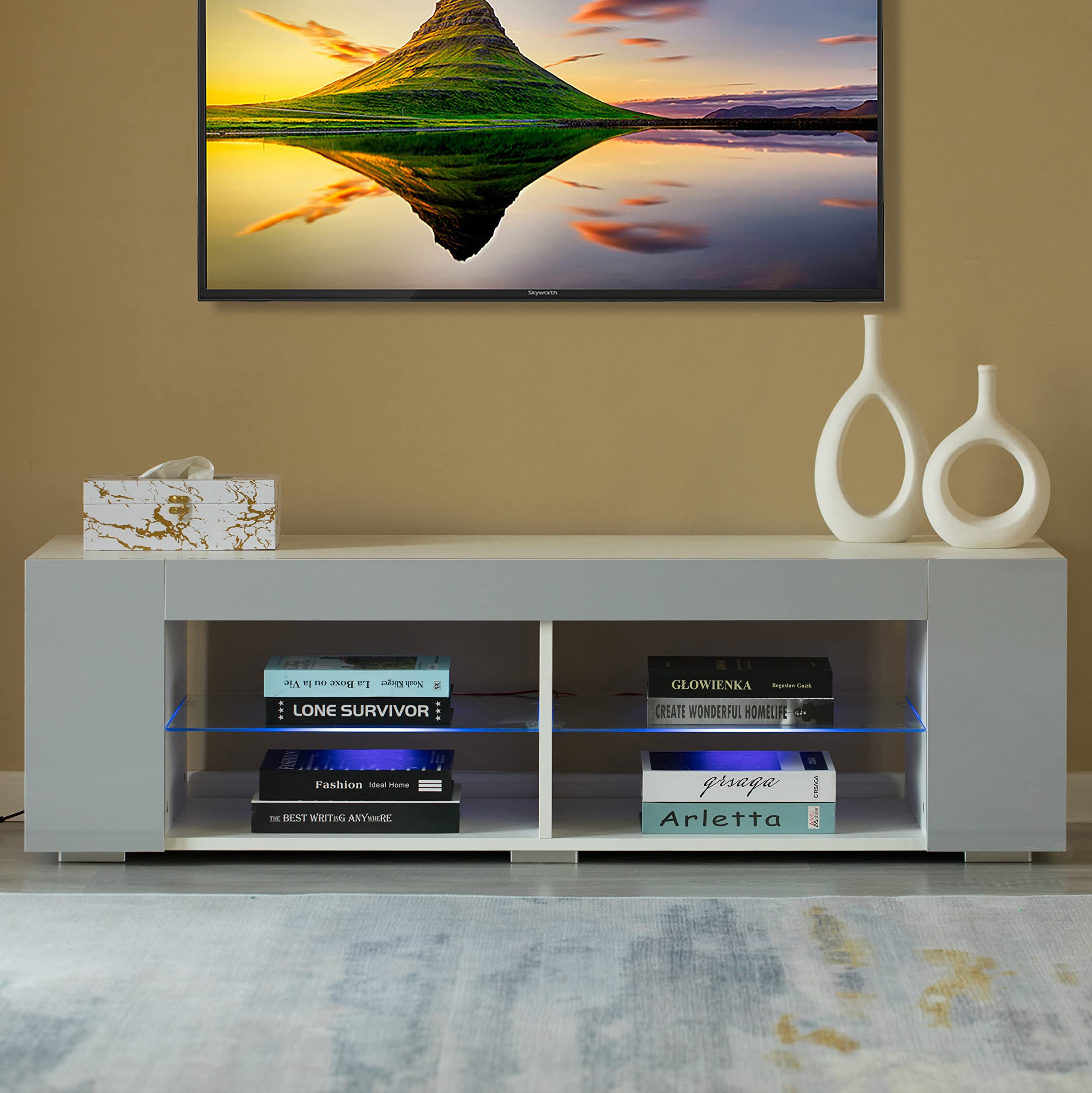 Basicwise White LED TV Stand with Glass Shelves & UV Frame - Modern Entertainment Center for Living Room, Bedroom & Home Theater Setup