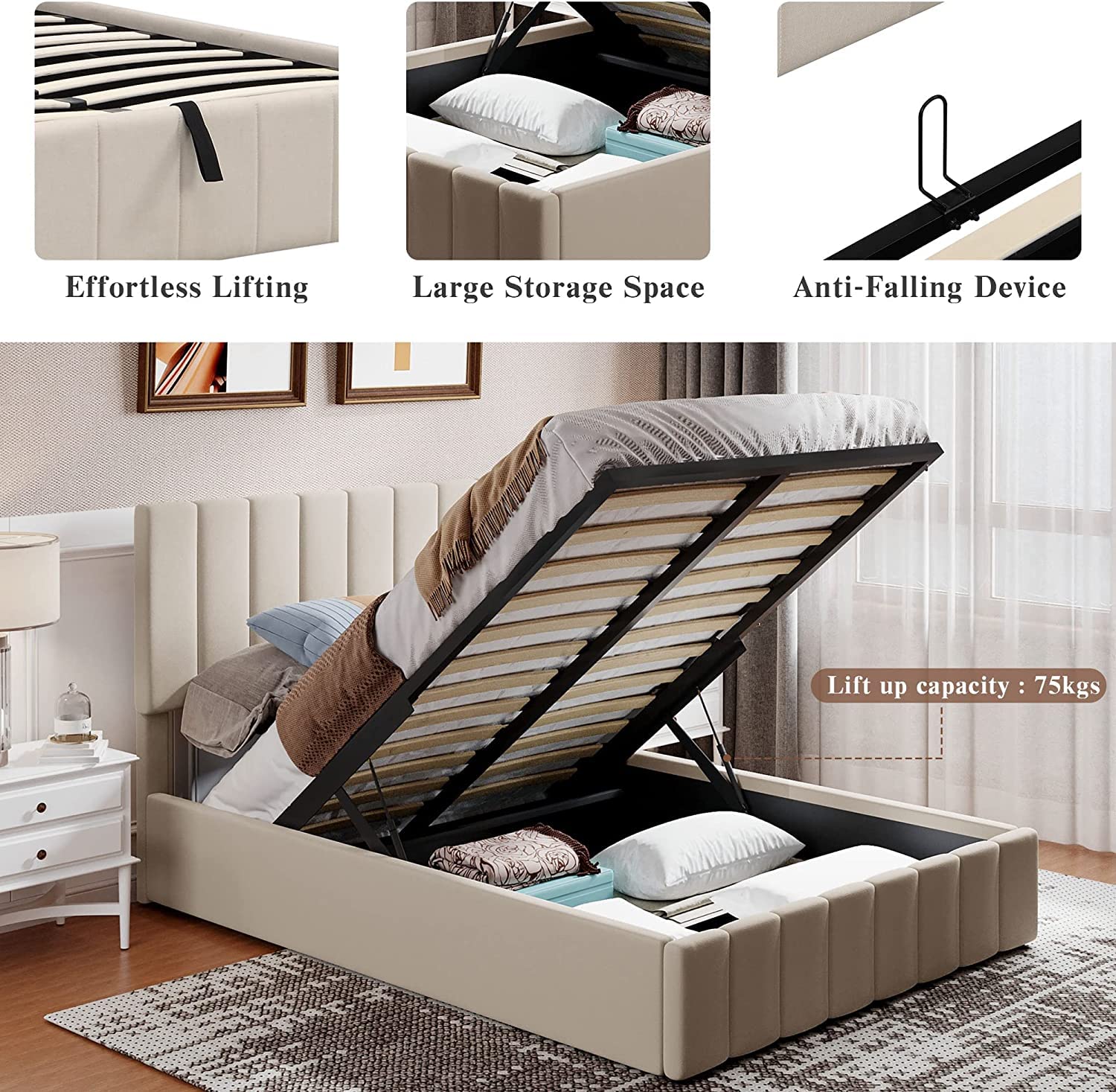 Queen Upholstered Platform Bed with Hydraulic Storage & Tufted Headboard - Beige Wooden Bed Frame with Underbed Storage | Perfect for Small Bedrooms, Guest Rooms & Space-Saving Solutions