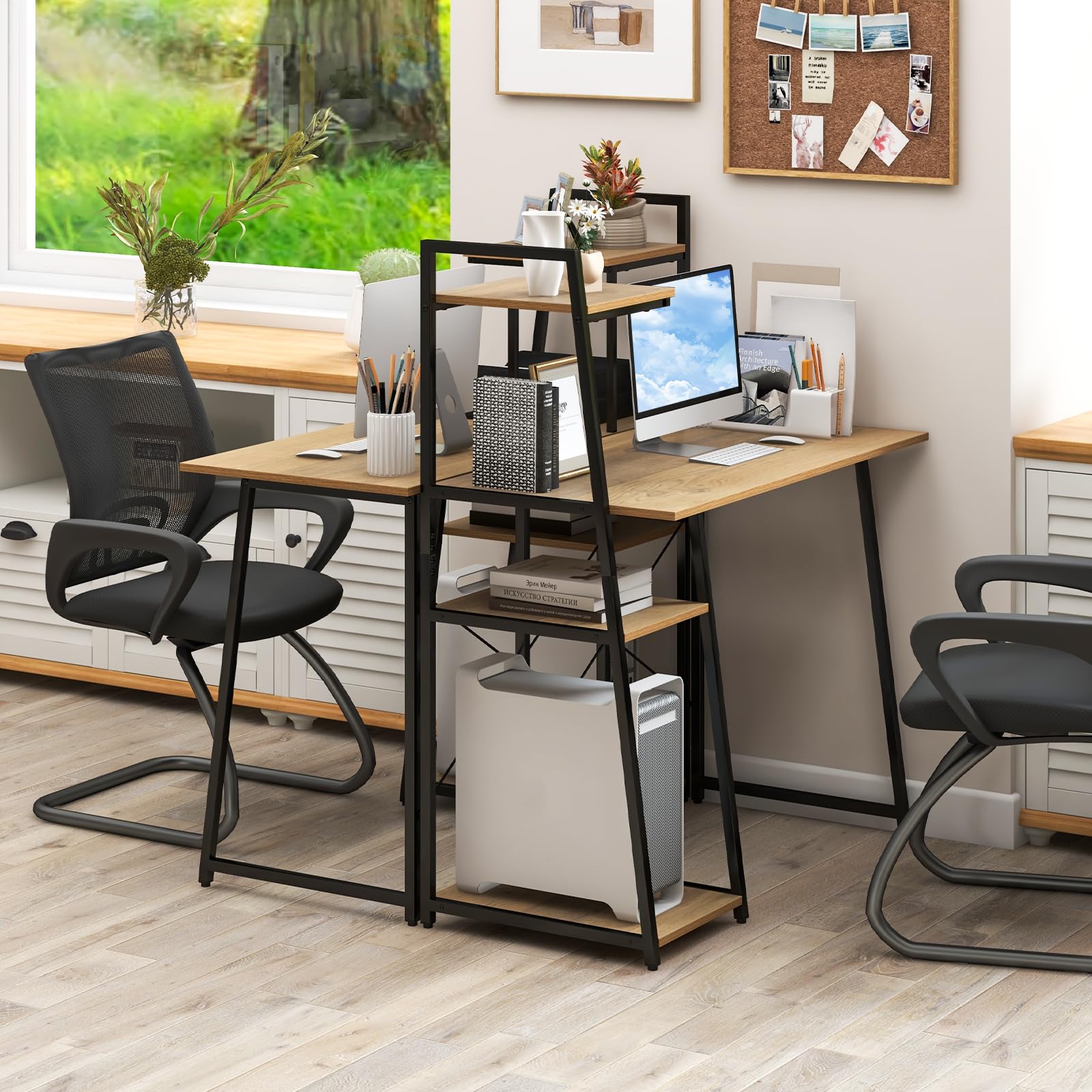 COSTWAY 47.2'' Computer Desk with 4-Tier Storage Shelves | Home Office Writing Desk with X-Shape Frame & Adjustable Feet | Modern Study Desk with Wide Tabletop (Natural/Black) for Small Spaces, Dorm Rooms & Home Offices