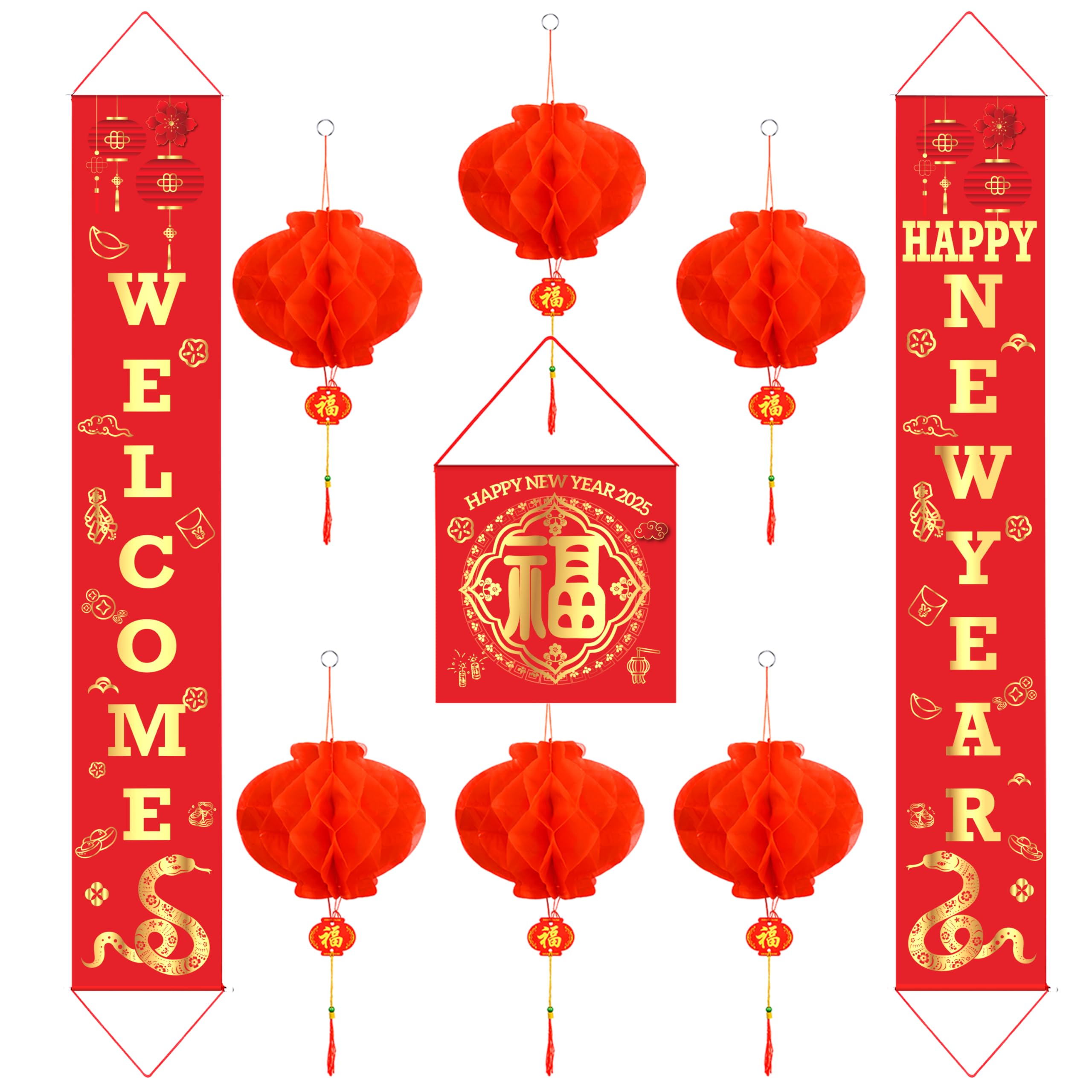 Auihiay 2025 Chinese New Year Decorations Set - Lunar New Year Couplets (Chunlian), Fu Character & Red Lanterns for Spring Festival | Home & Office Party Decor, Wall Hanging, Door Decoration for Year of the Snake Celebration