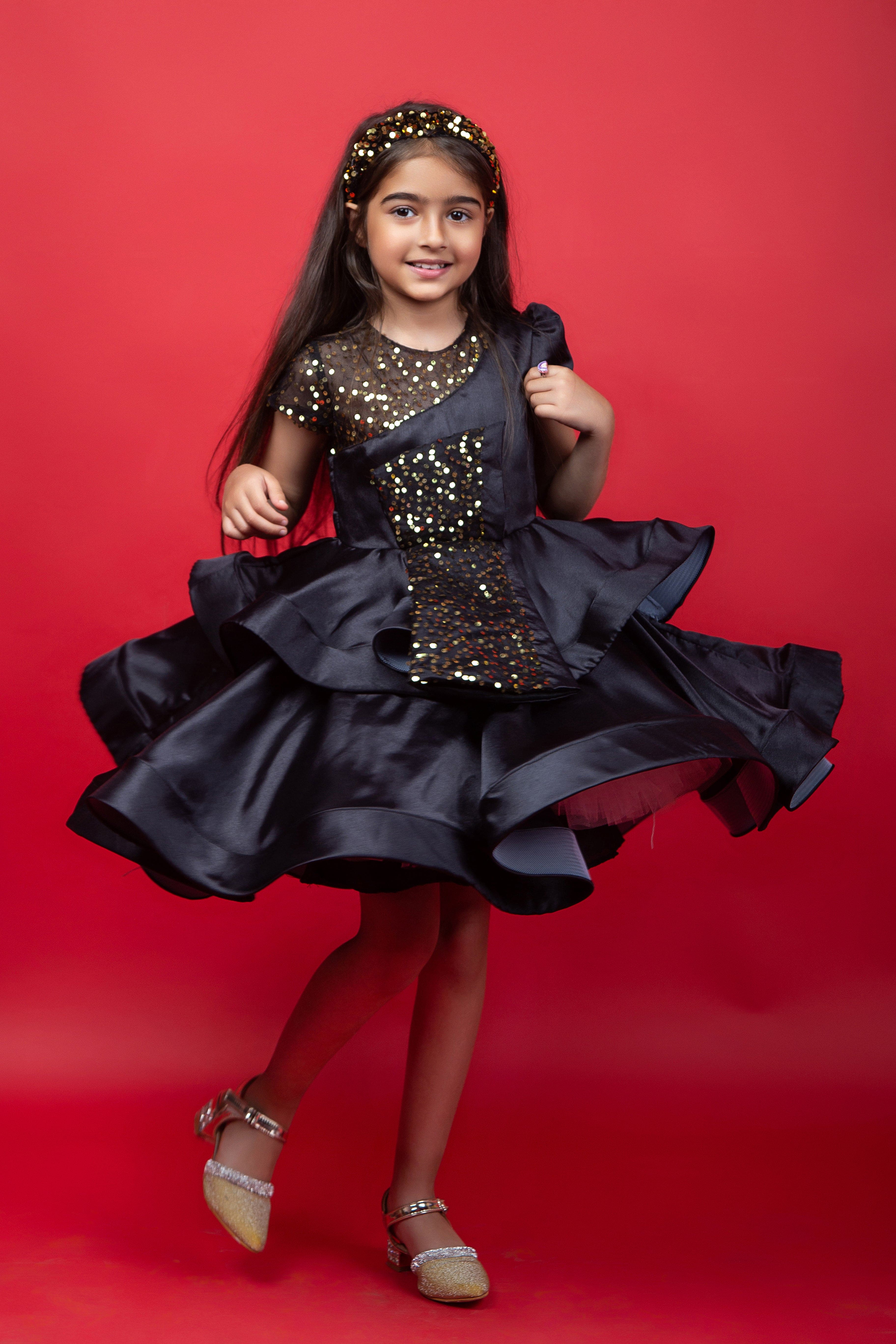 Pre Order: Elegant Black Layered Dress with Sequined Bow - Perfect for Evening Parties, Weddings & Special Occasions