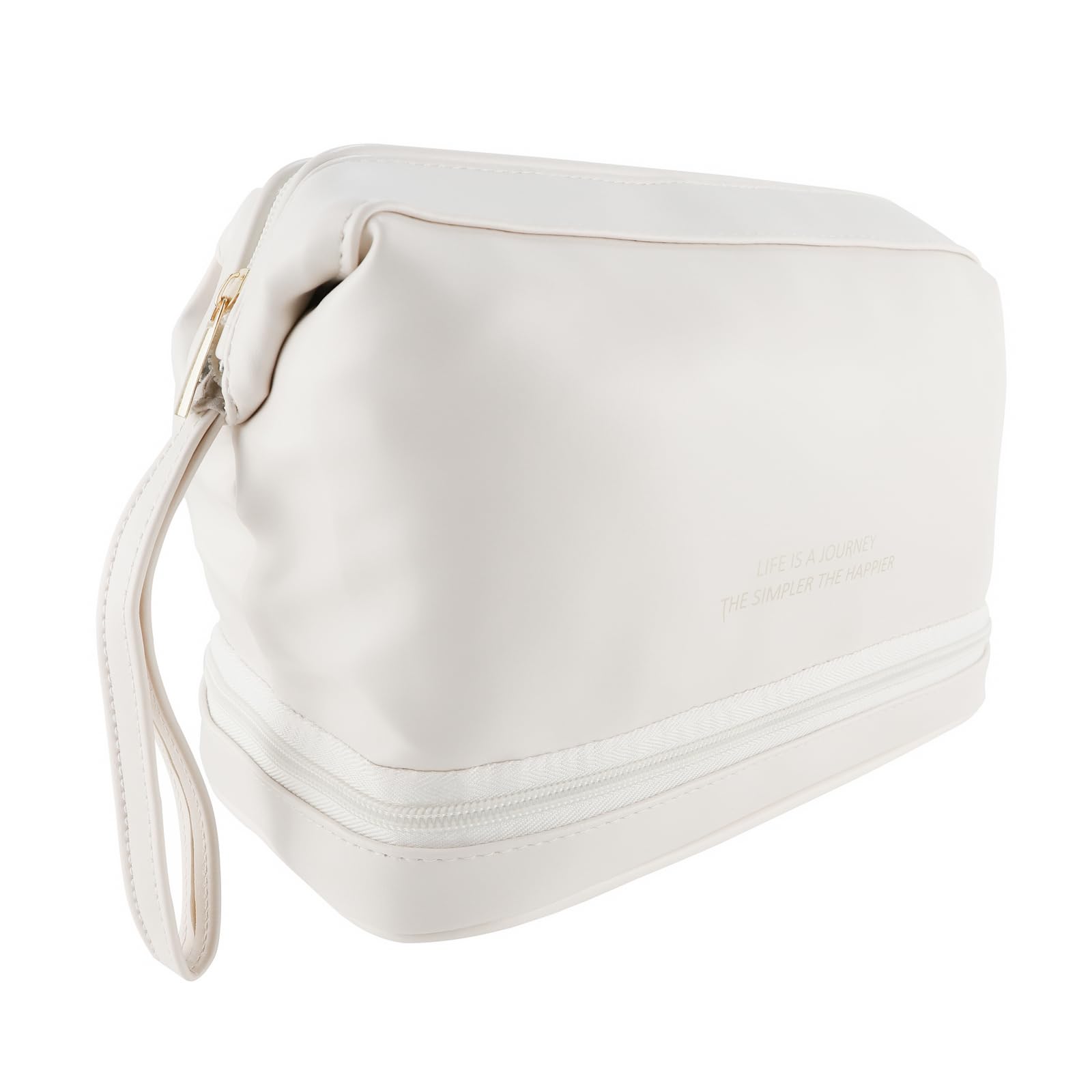 Waterproof Travel Makeup Bag for Women - Large Capacity Double Layer Cosmetic Organizer with Brush Holder, PU Leather Toiletry Bag (White) - Perfect for Travel, Gym & Daily Makeup Storage